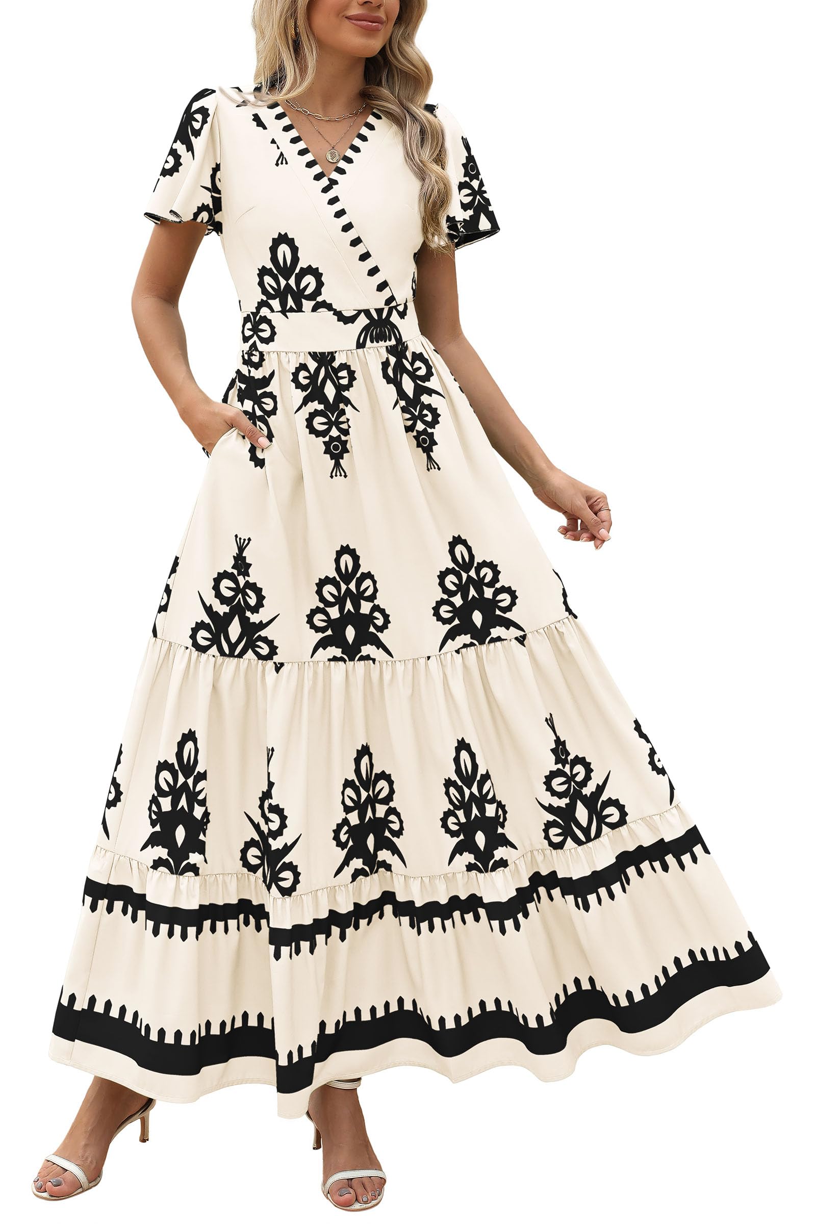 PRETTYGARDEN Women's Floral Boho Maxi Dress - V Neck A-Line Summer Dress with Bell Sleeves & Pockets | Casual Beach Dress for Vacation, Party & Outdoor Activities