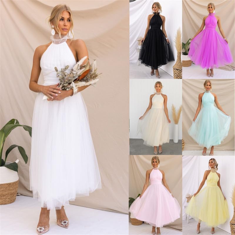 VIVICOLOR Women's Elegant Lace-up Halter Tulle Dress - Strapless Lace Mesh Bridesmaid & Wedding Guest Dress - Chiffon Formal Gown (Medium) - Perfect for Weddings, Parties & Special Occasions