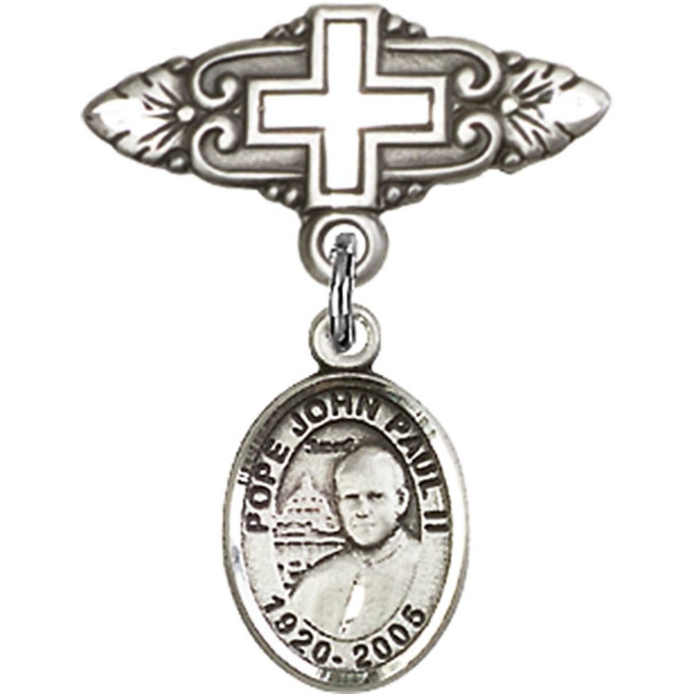 St. John Paul II Sterling Silver Baby Badge with Cross Charm - 1 X 3/4 Inch Religious Pin for Baptism, First Communion & Catholic Gifts