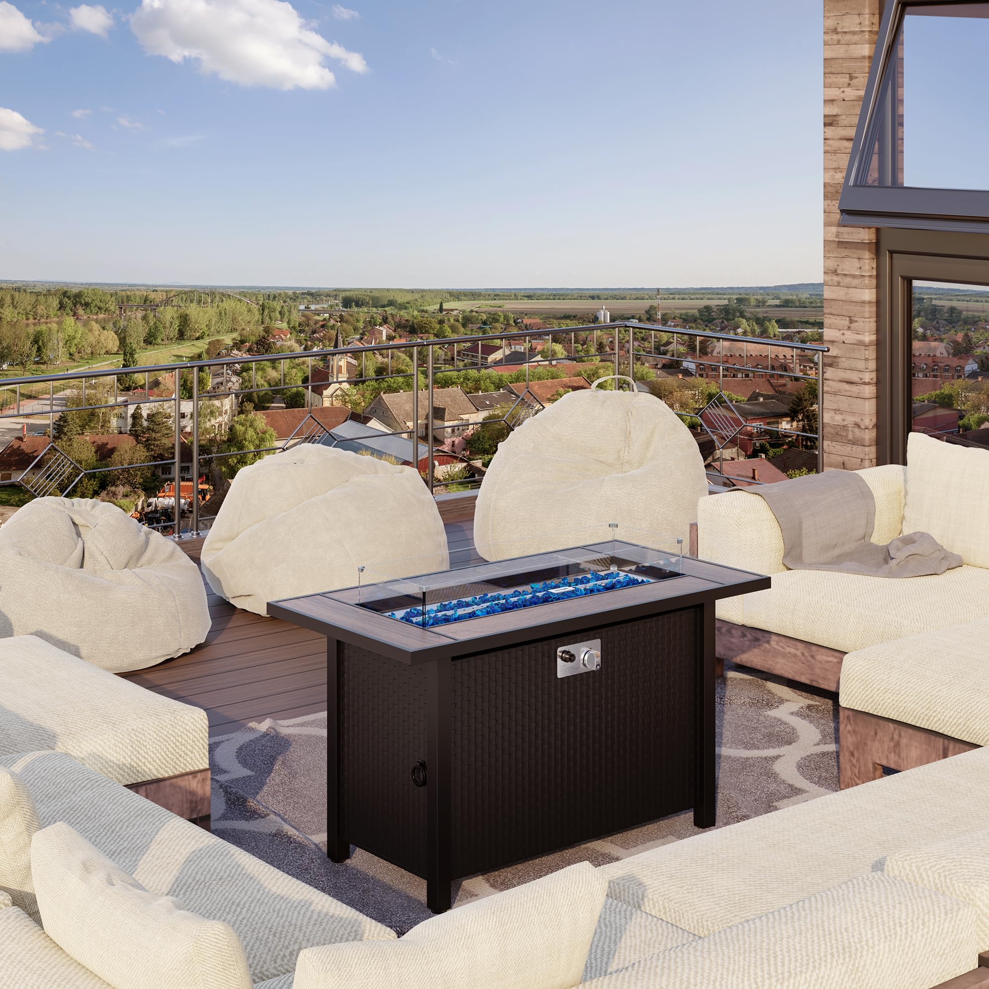 Shintenchi 45 Inch Outdoor Propane Fire Pit Table - 50,000 BTU Steel Gas Fire Pit with Glass Window Protector, Lid, Crystal Stones & Waterproof Cover - Rattan Pattern Brown Top for Patio, Garden, Backyard & Poolside Gatherings