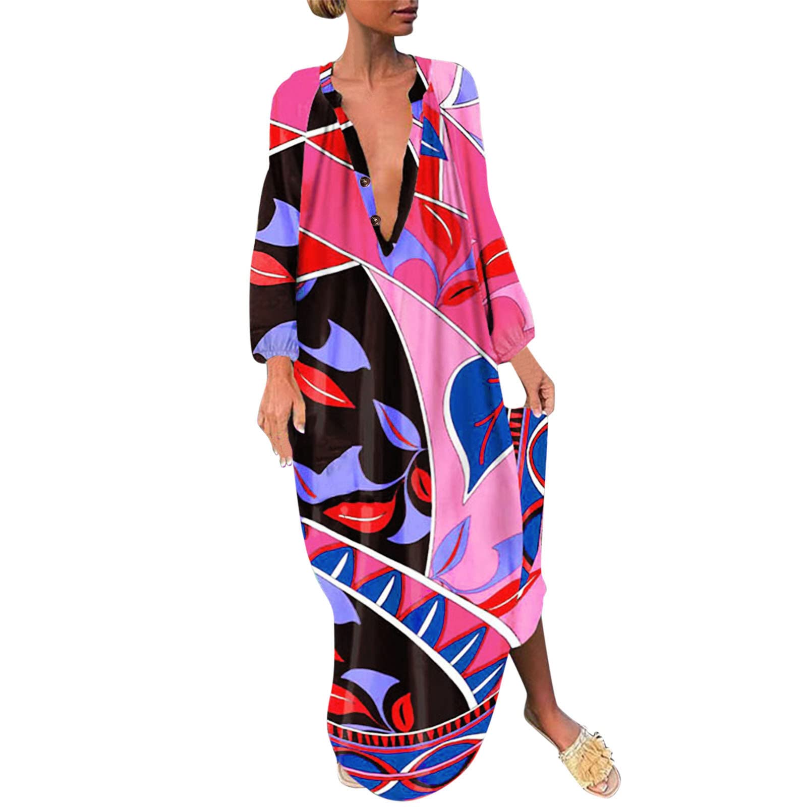 Women's Casual V-Neck Button Long Sleeve Floral Print Midi Wrap Dress - Loose Fit Maxi Dress in Red for Everyday Wear, Office, and Date Nights