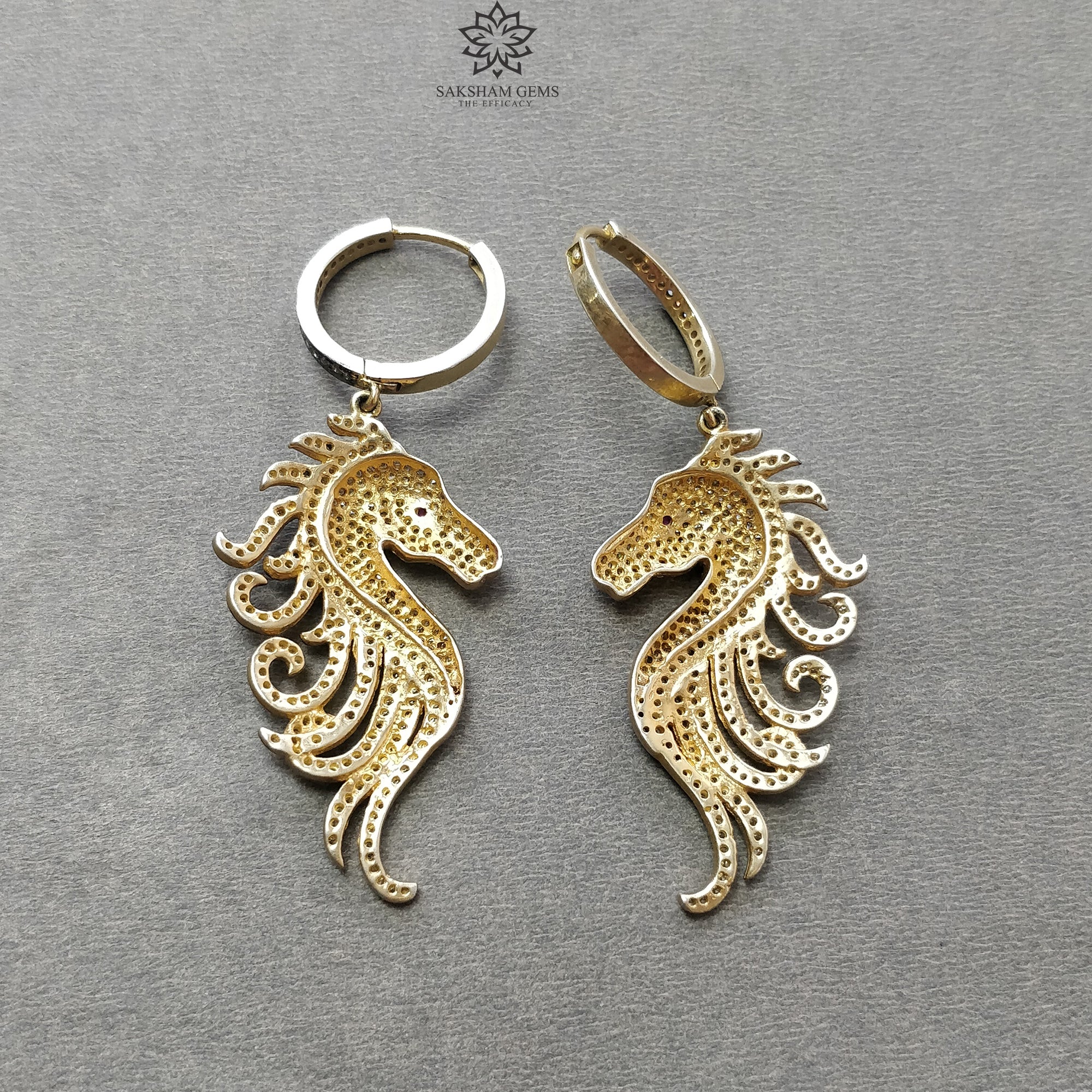 14K Gold & Sterling Silver Diamond Ruby Gemstone Hoop Earrings - 2.5 Inch Dangle Drop Horse Face Design with Pave Setting | Perfect for Weddings, Parties & Special Occasions