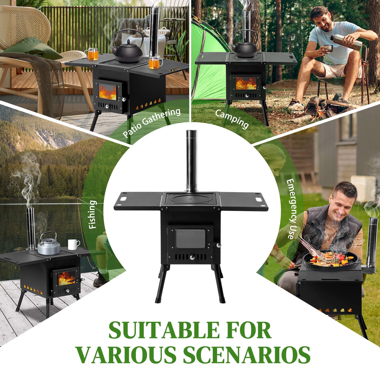 Portable Wood Burning Camping Stove - Foldable Iron Panel Tent Stove with Chimney Pipes for Outdoor Heating, Cooking & Survival (30.5