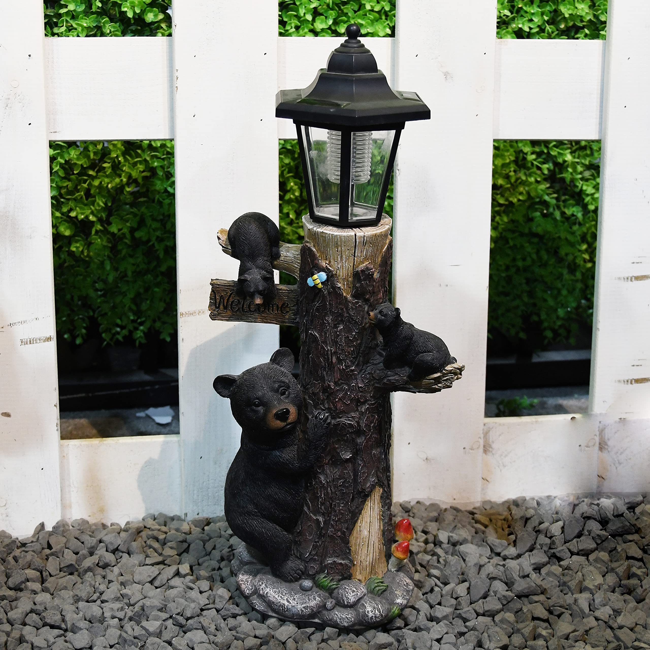 Solar-Powered Bear Statue Welcome Sign - 19 Inch Resin Bear Family on Tree Outdoor Decor for Garden, Yard, Lawn & Patio - Weatherproof Black & Brown Animal Sculpture for Rustic Home & Cabin Decor