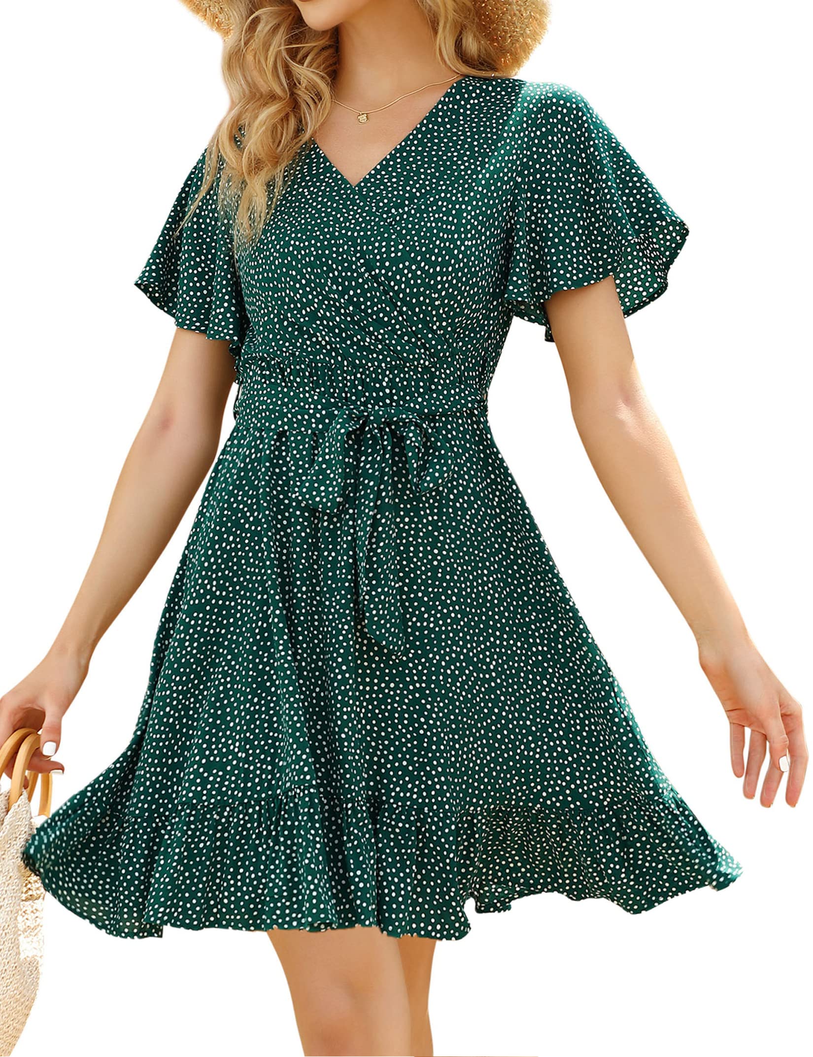 Women's Summer Wrap Dress - V Neck, Bell Sleeve, High Waist Tie, Flowy A-Line with Polka Dot Floral Print | Perfect for Wedding Guest, Beach Vacation & Casual Outings