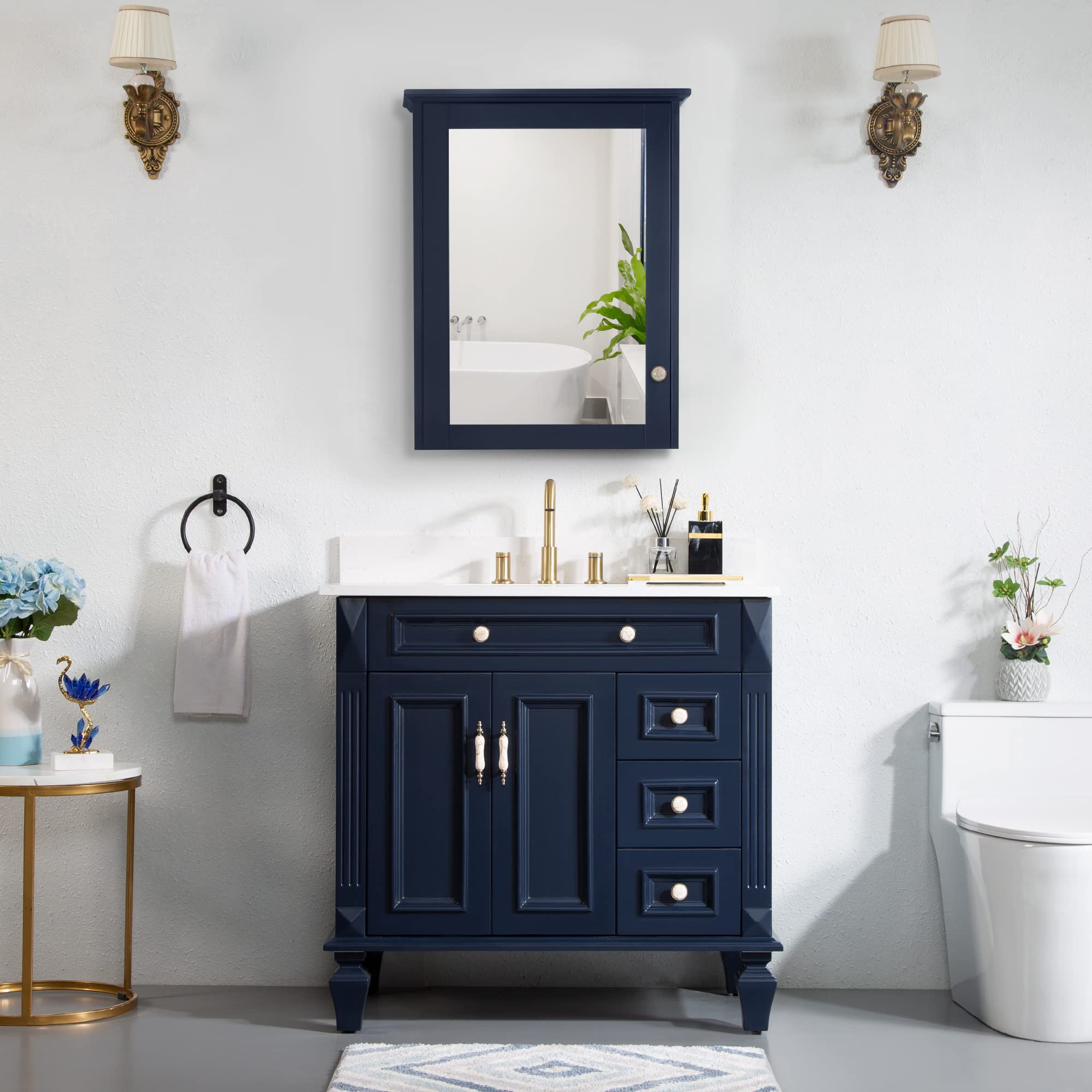 WELLFOR 36 Inch Bathroom Vanity Set with Wall-Mounted Mirror Cabinet & Sink - Modern Wooden Bathroom Storage Furniture for Home Decor - Navy Blue - Perfect for Small Bathrooms, Apartments & Space-Saving Solutions