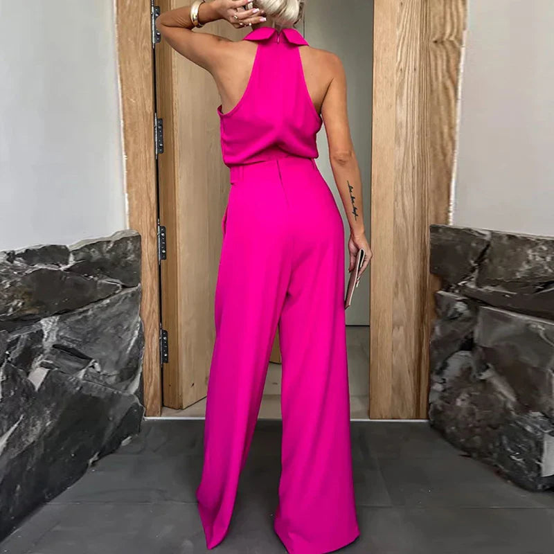 Elegant Solid Color Sleeveless Pocket Jumpsuit for Women - High Waist Off Shoulder Romper with Lapel | Summer Commute & Casual Outfit | Slim Fit Playsuit for Beach, Party, and Office Wear