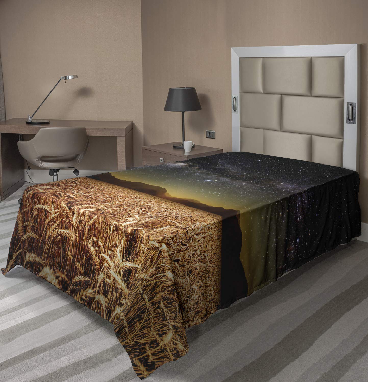 Ambesonne Space TwinXL Flat Sheet - Wheat Field Meadow Under Stars Art Print, Soft & Comfortable Decorative Bedding for Cozy Nights, Perfect for Guest Rooms, Dorms & Space-Themed Bedrooms (Tan Grey)