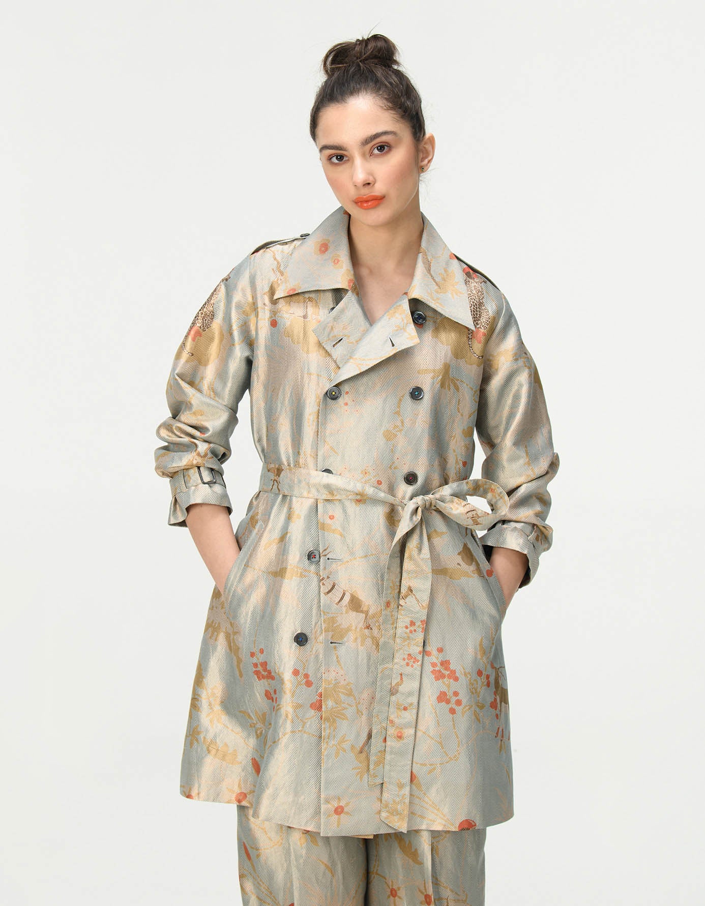 Elegant Ice Blue Silk Brocade Trench Coat - Vintage Inspired Women's Outerwear for Formal Events & Evening Occasions