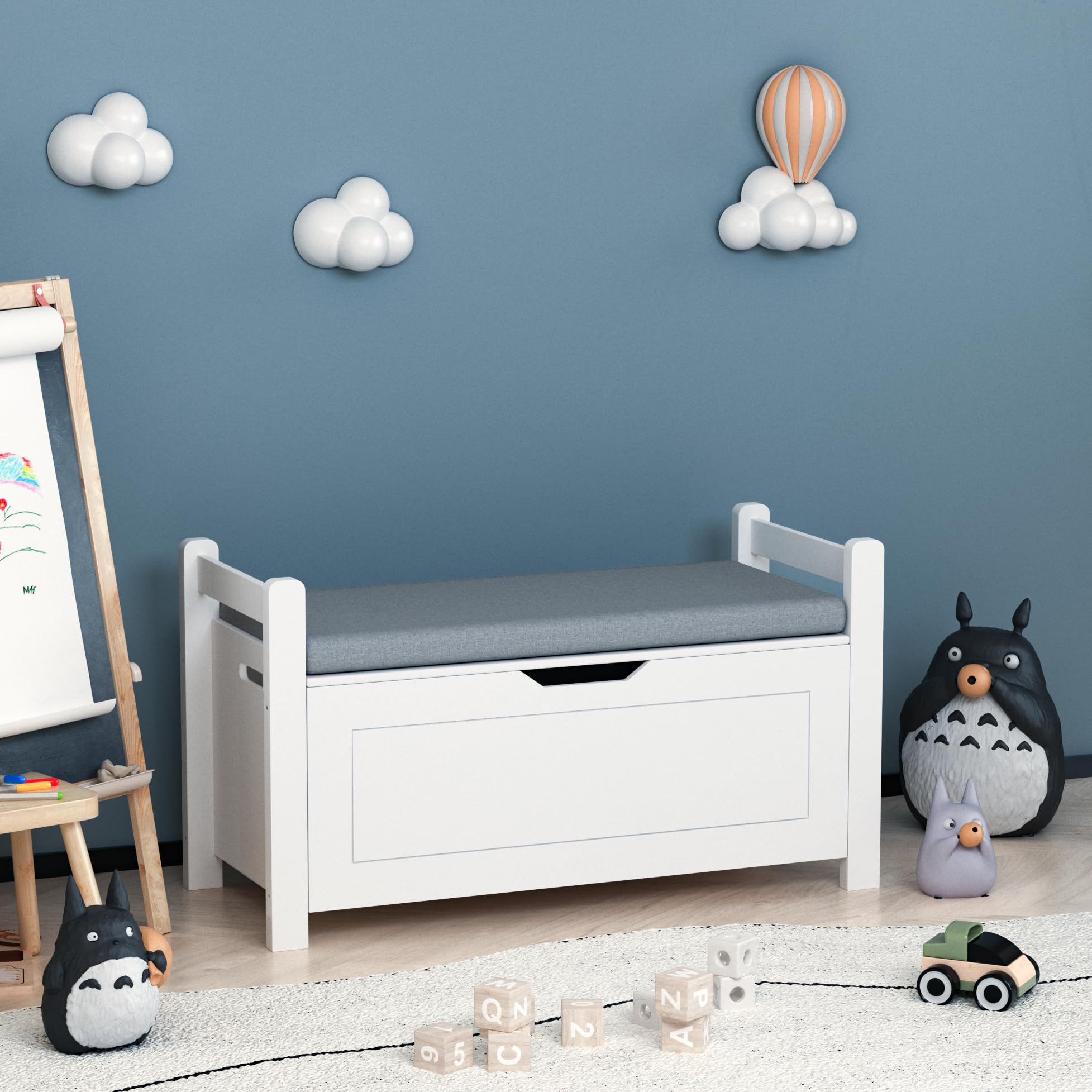**Kids Wooden Toy Chest with Safety Hinged Lid - Children's Toy Storage Organizer, Playroom Furniture for Boys & Girls (White with Cushion) - Perfect for Bedroom, Nursery, or Playroom Organization**