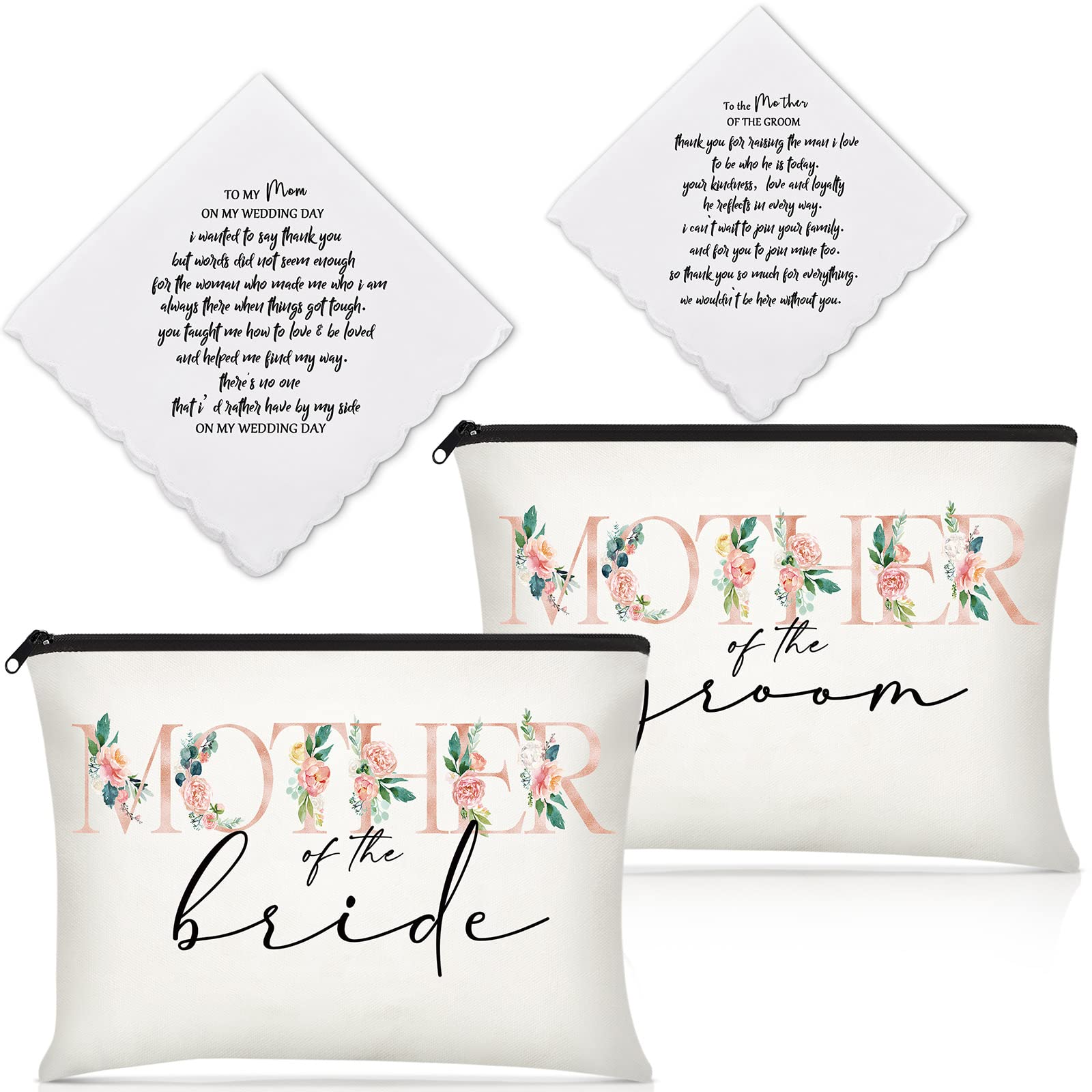 4-Piece Mother of the Bride & Groom Wedding Cosmetic Bag Set with Embroidered Handkerchief - Makeup Pouch, Hankie Gift Set for Wedding Party, Bridal Shower (Floral Design, Multi Colors) - Perfect for Bridal Preparation, Wedding Day Essentials & Special Occasion Gifts
