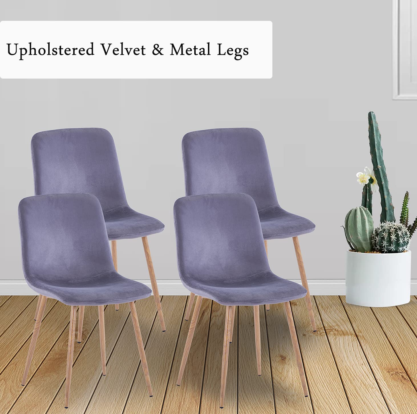 Velvet Upholstered Dining Chairs Set of 4 - Modern Mid-Century Style Side Chairs with Sturdy Metal Legs, Soft Gray Fabric for Kitchen, Dining Room, Bedroom & Living Room - Perfect for Family Gatherings, Dinner Parties & Home Decor