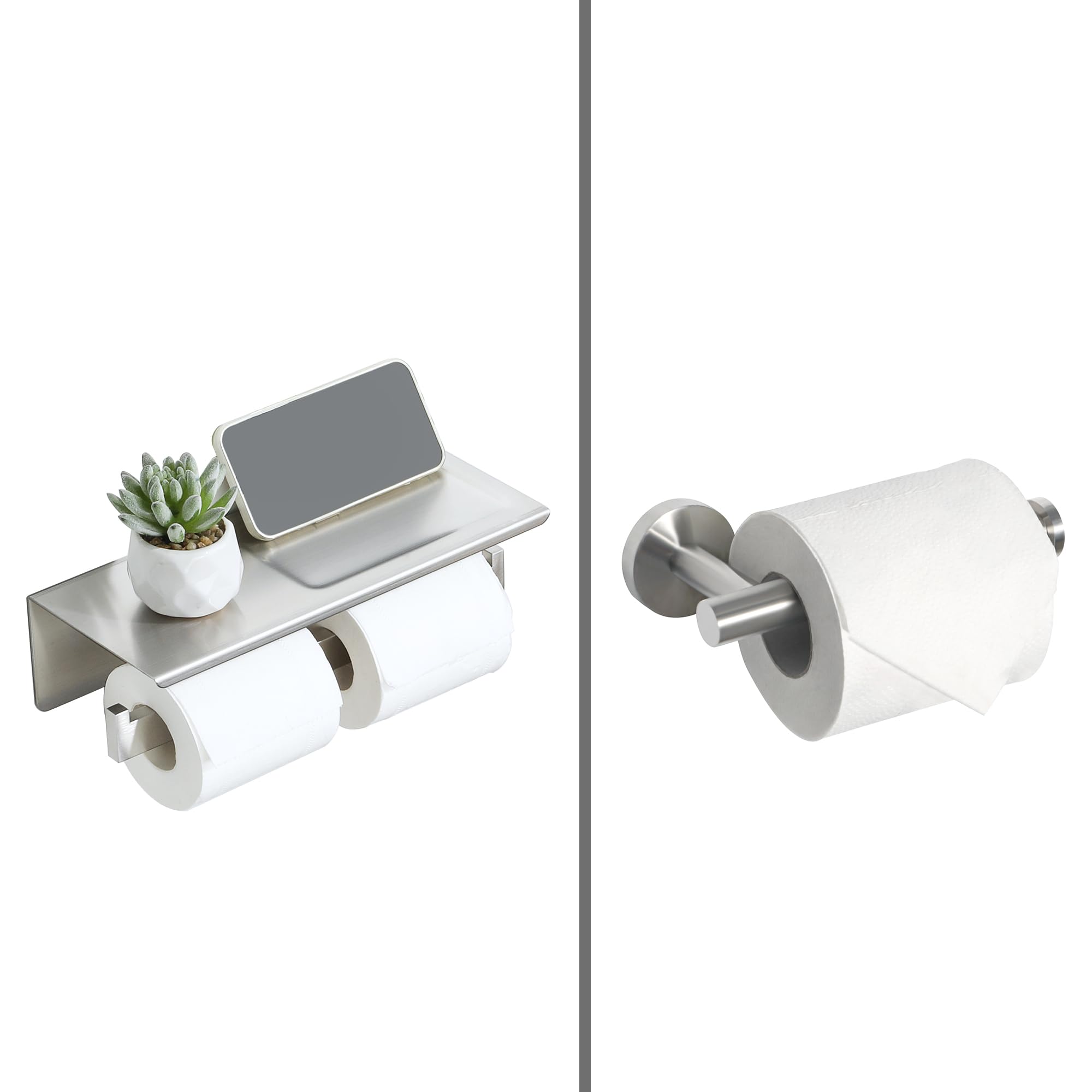 Alise Double Toilet Paper Holder - SUS304 Stainless Steel Bathroom Tissue Roll Holder with Shelf | Wall Mount or Self-Adhesive Installation | Brushed Nickel Finish | Perfect for Small Bathrooms, Powder Rooms & RVs