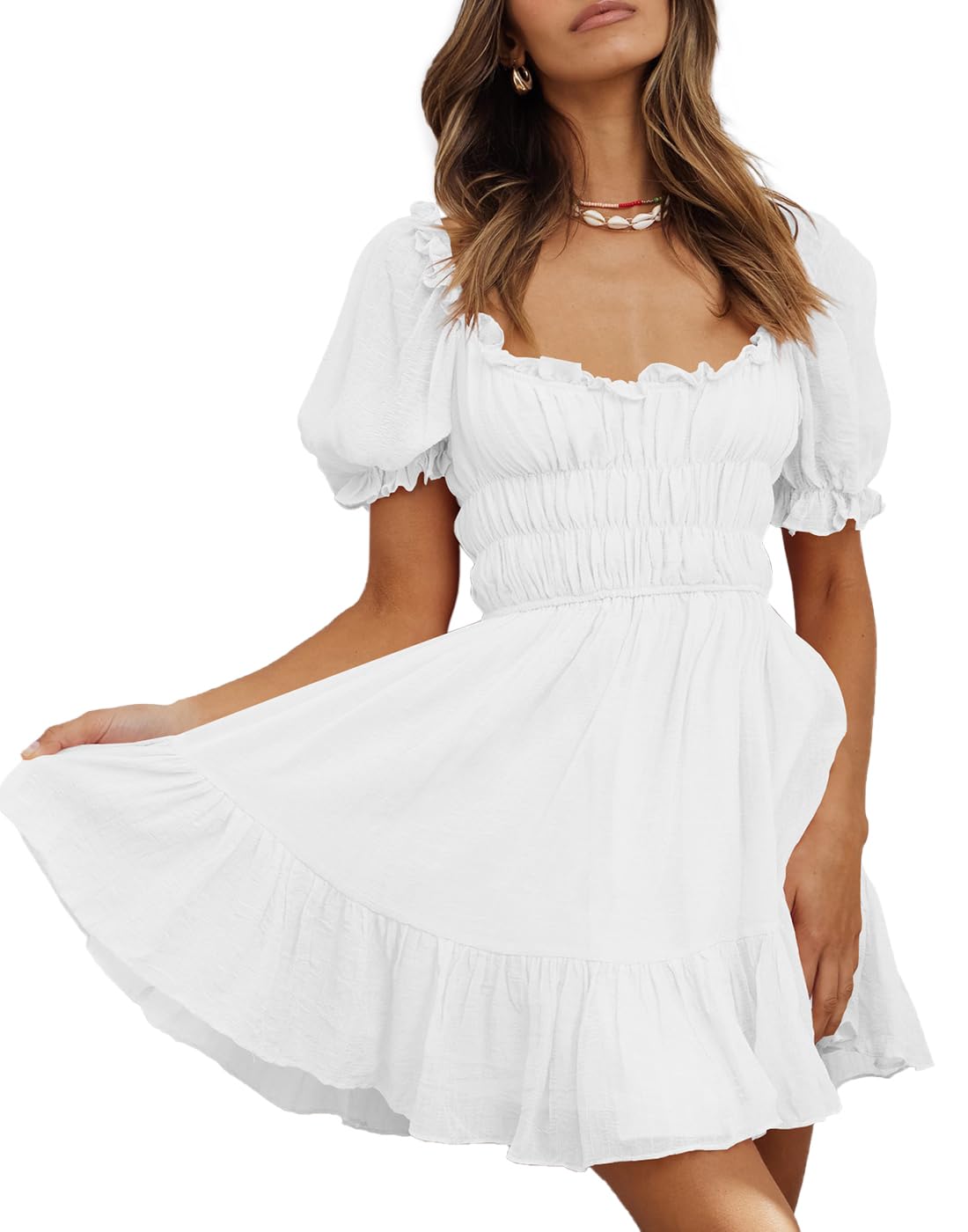 Women's Square Neck Puff Sleeve Mini Dress with Ruffle Detail & Elastic Waist - A-Line Summer Casual Flowy Dress for Beach, Party, Date Night and Daily Wear