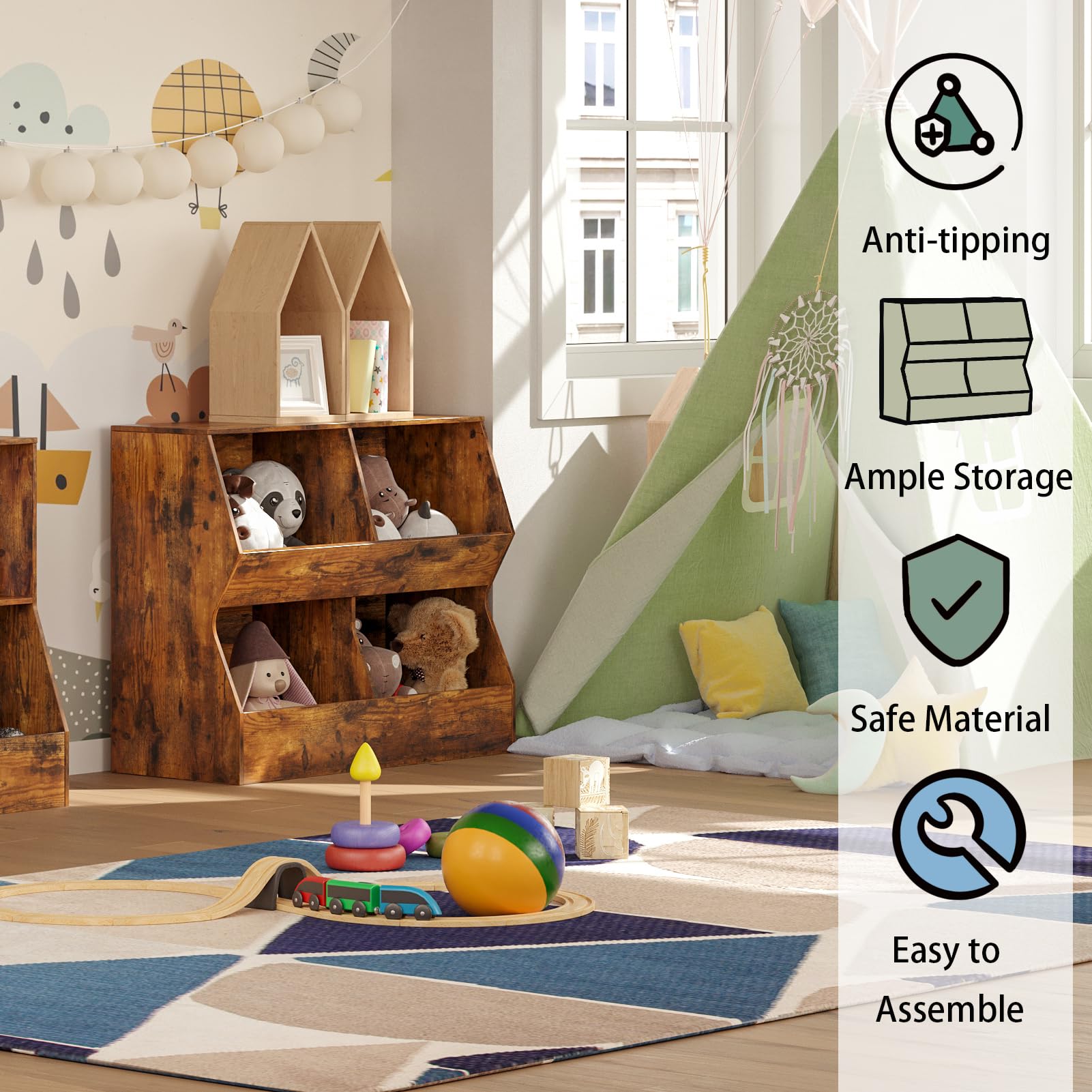 DINZI LVJ Wooden Kids Bookshelf & Toy Storage Organizer - 4 Cubby Children's Bookcase with Toy Storage Cabinet - Rustic Brown 35.4