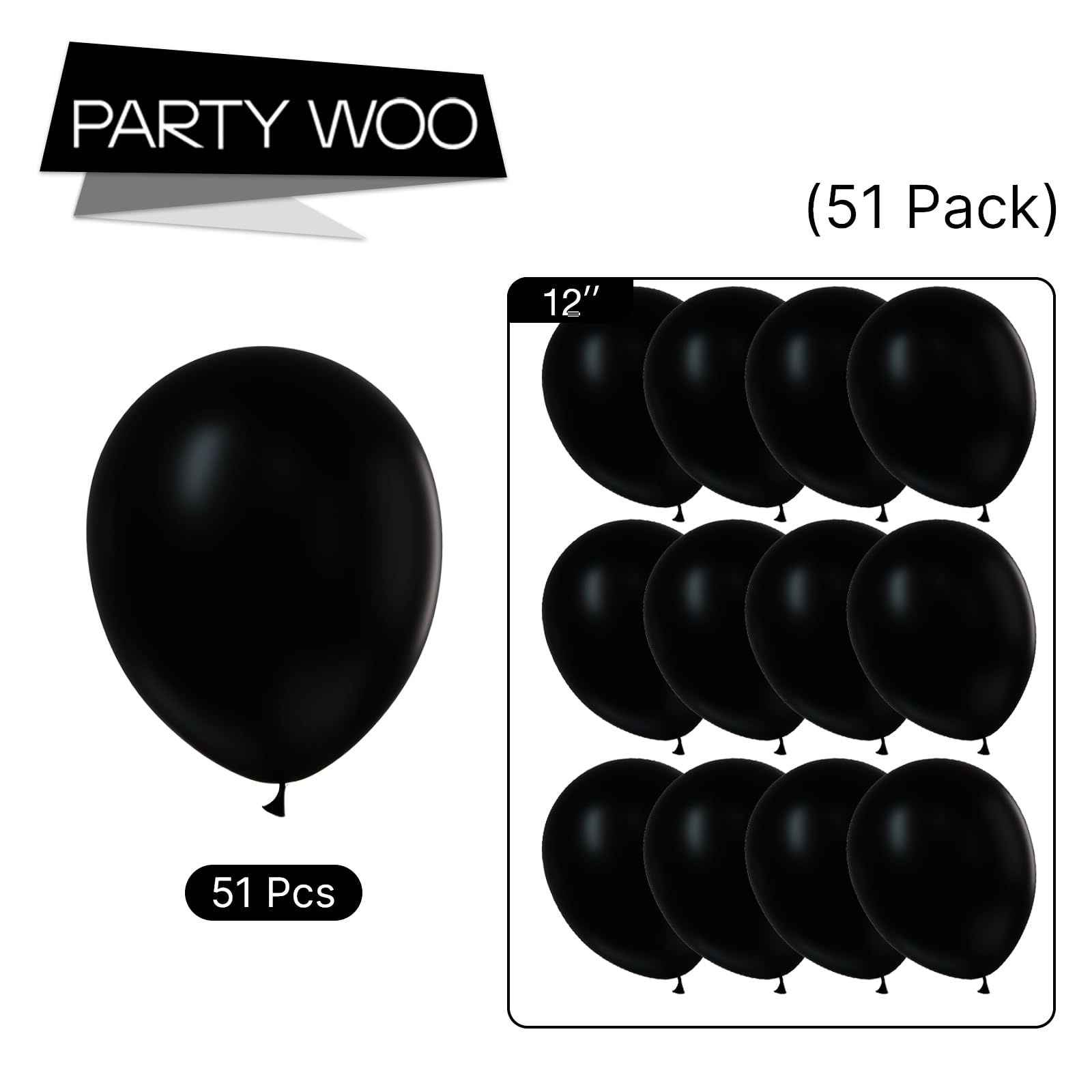 51 Pcs 12 Inch Matte Black Balloons for Party Decor - Birthday, Retirement, Balloon Garland & Arch - Premium Latex Balloons for Indoor/Outdoor Events, Halloween, Graduation & Wedding Decorations
