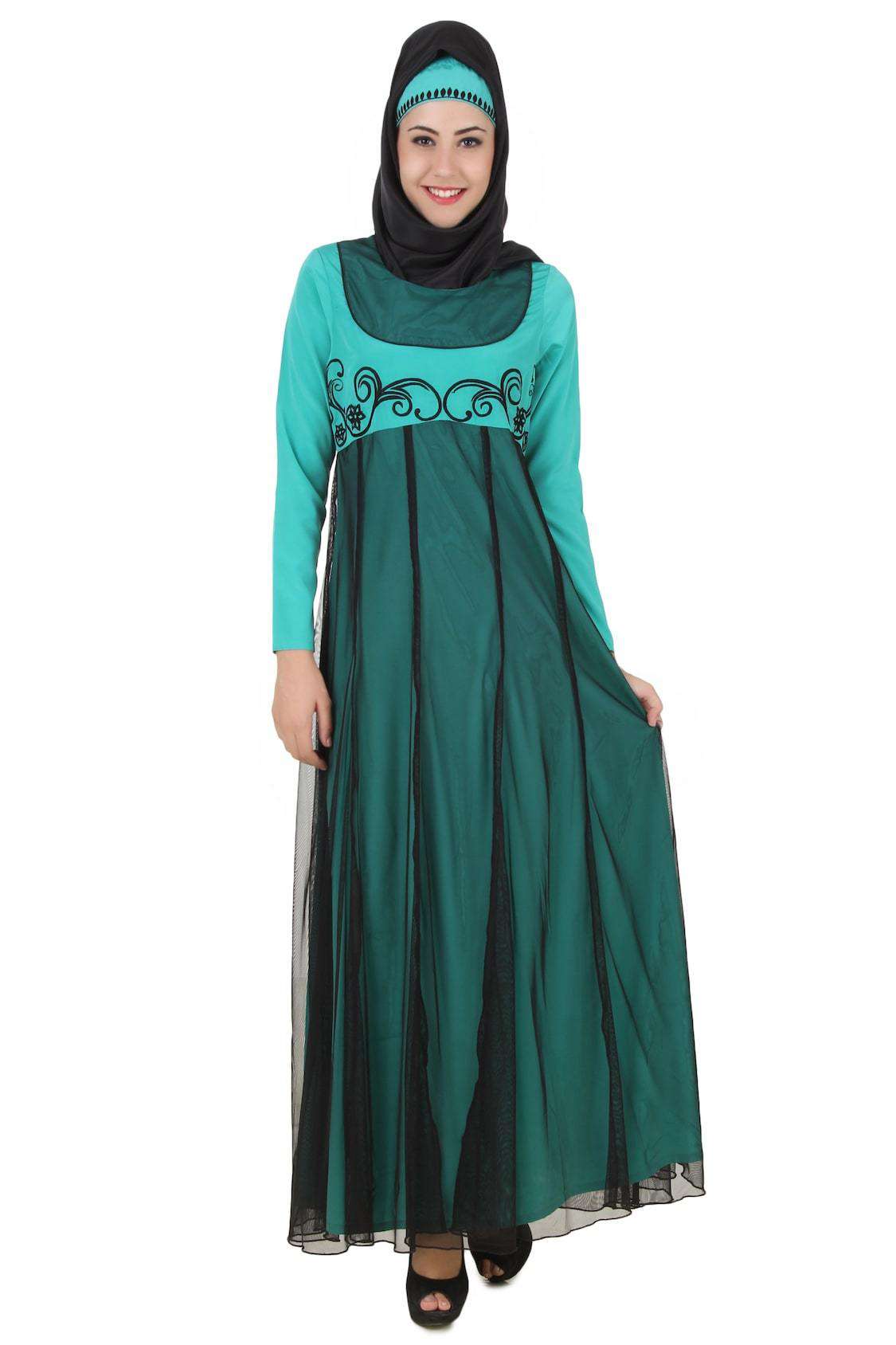 Elegant Turquoise Green and Black Net Crepe Abaya for Women - Perfect for Eid, Weddings, and Special Occasions