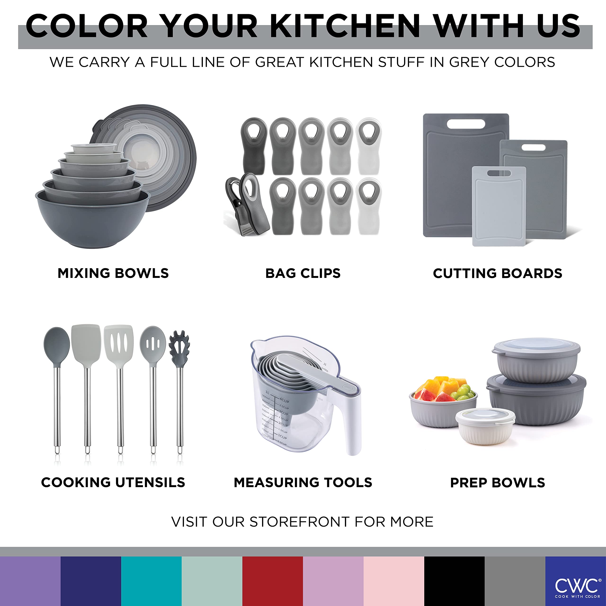 COOK WITH COLOR Silicone Cooking Utensils Set - Easy to Clean, Nonstick Cookware Safe Kitchen Gadgets, Gray - Perfect for Everyday Cooking & Baking