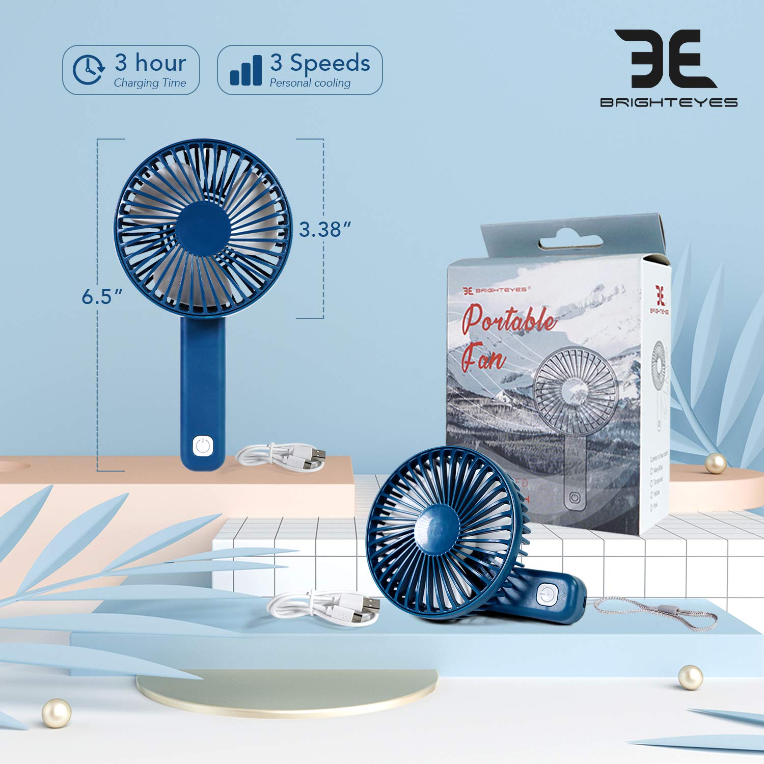 Bright Eyes Handheld Fan with Adjustable Pivot Handle - 2 Pack USB Rechargeable Cooling Fan for Hot Flashes, Travel, Office & Outdoor Use (Yellow)