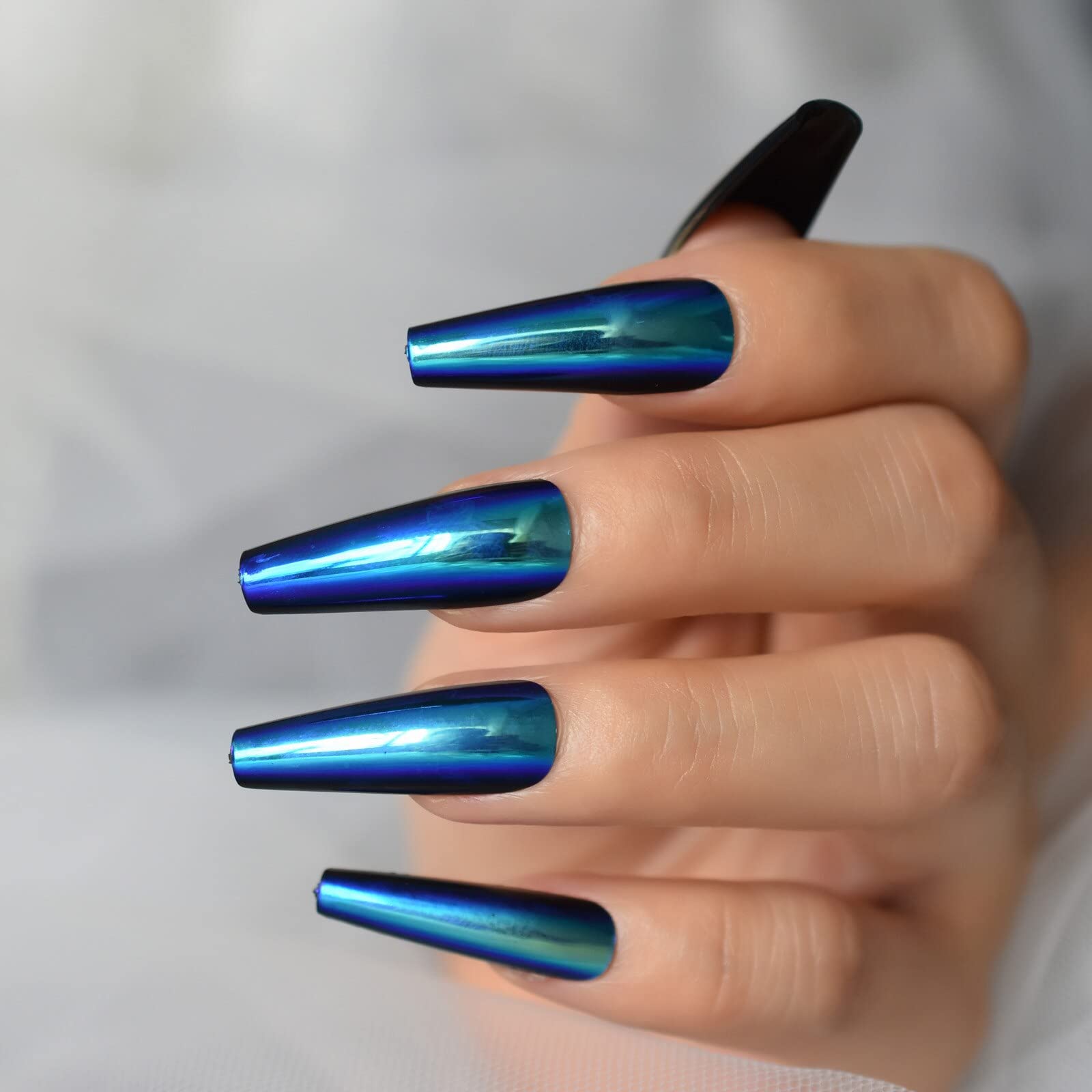 Chrome Metallic Blue Press On Nails - Extra Long Coffin Ballerina Fake Nails Set with Mirror Finish | Acrylic False Nails for Women | Perfect for Parties, Weddings & Special Occasions