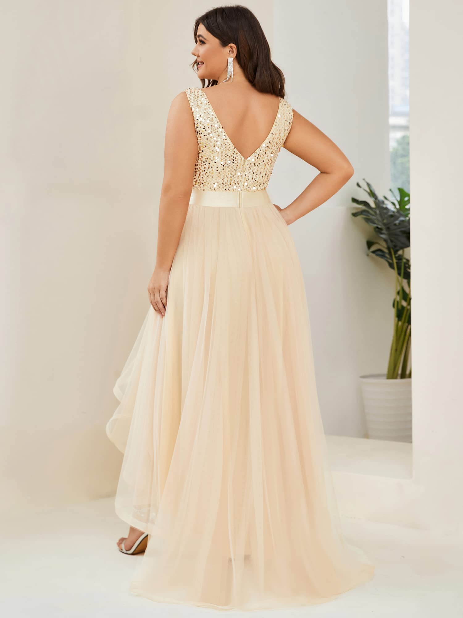 Ever-Pretty Women's Double V-Neck A-Line High-Low Sequin Tulle Plus Size Formal Dress for Curvy Women 0147A-DA | Elegant Evening Gown for Prom, Wedding Guest, Cocktail Party & Special Occasions