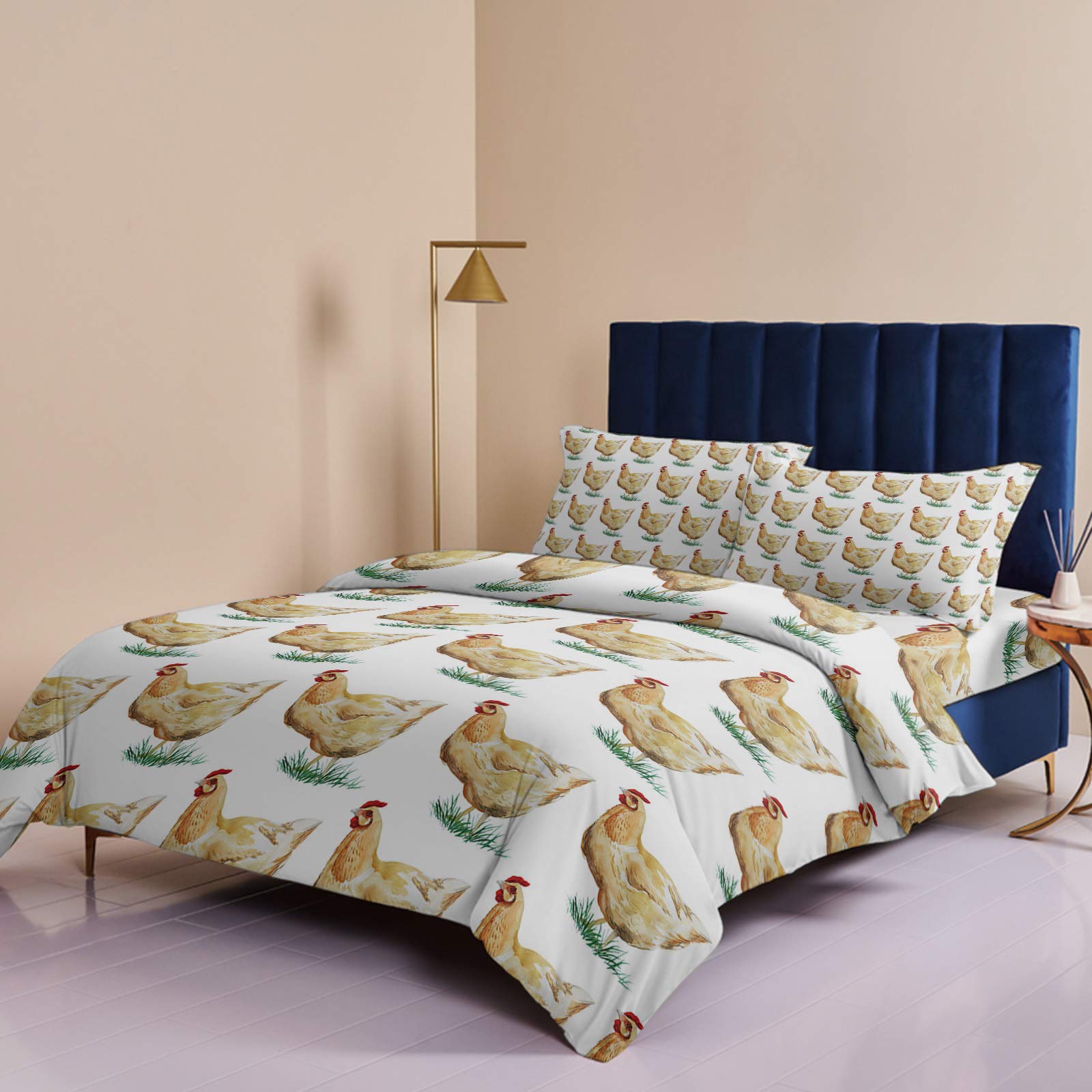 Country Farm Animals Chicken on Grass 4-Piece Duvet Cover Set - Full Size Ultra Soft Quilted Bedding with 2 Pillow Shams, White - Perfect for Farmhouse, Country Style Bedrooms & Cozy Home Decor