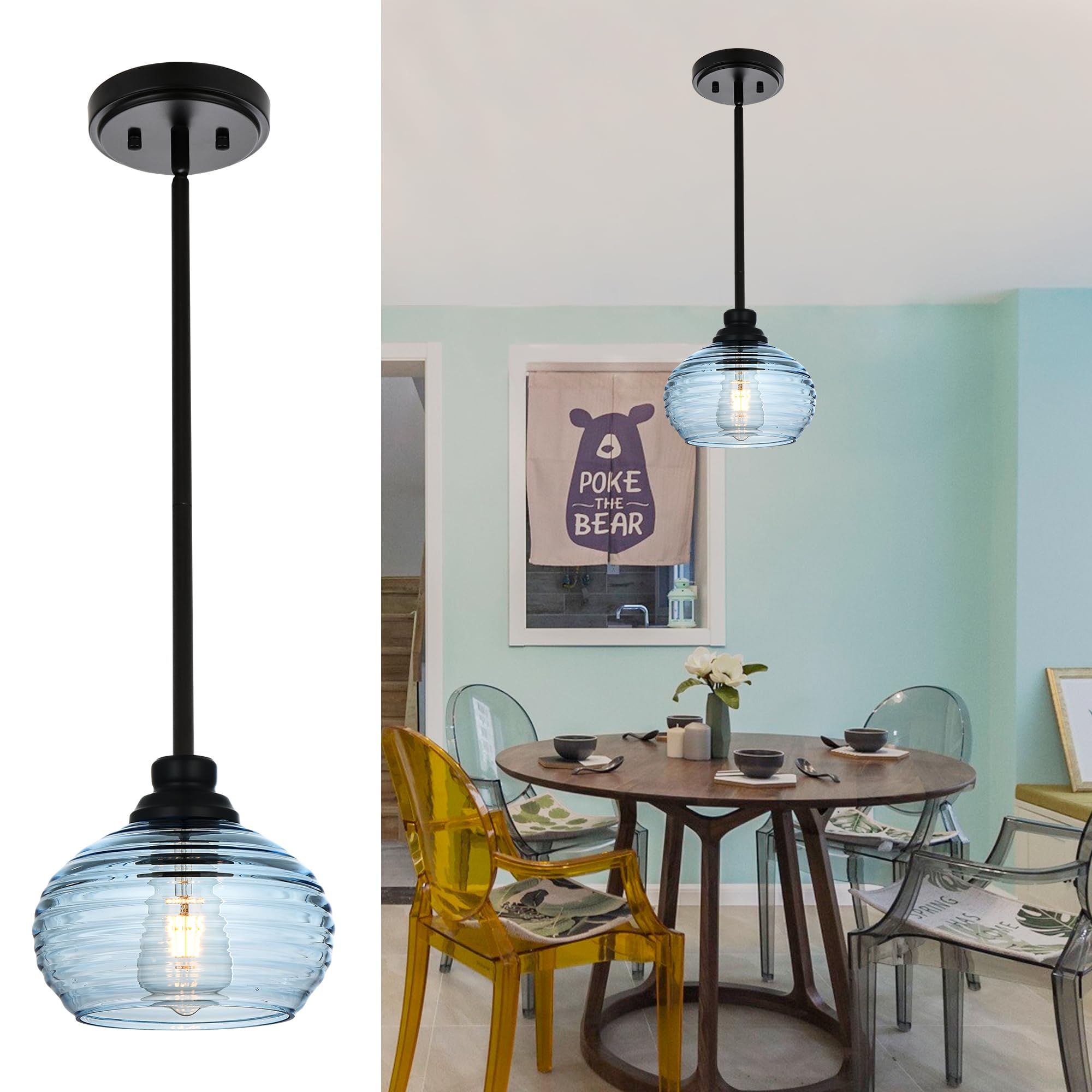 MELUCEE Black Mini Pendant Light with Blue Water Ripple Glass Shade - Modern Ceiling Hanging Light for Kitchen Island, Dining Room, Over Sink | Coastal Contemporary Lighting for Home Decor