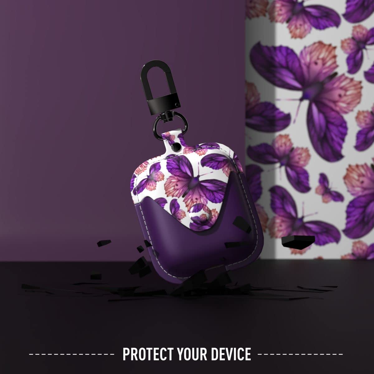 GuarzFun Leather AirPods Case with Clip - Wireless Charging Compatible for Women & Girls (Purple Flower) - Perfect for Work & Travel