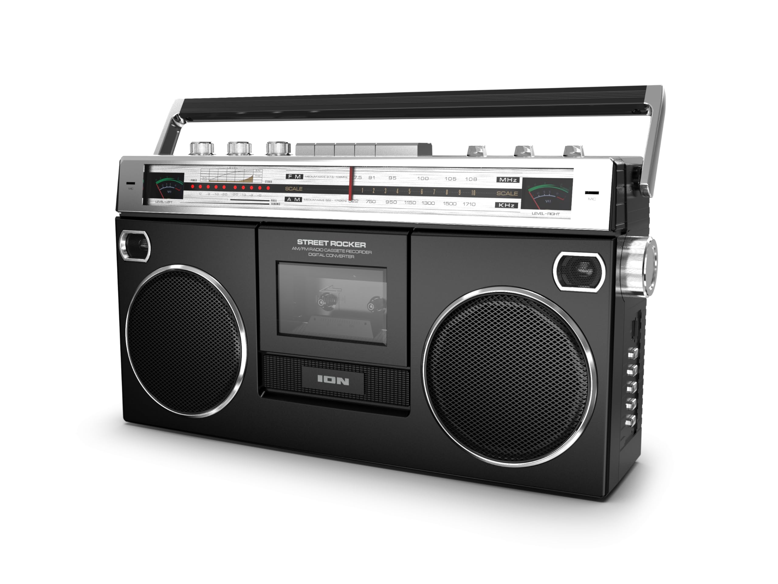 Ion Audio 1980s-Style Portable Bluetooth Boombox with AM/FM Radio, Cassette Player & Recorder - VU Meters, USB Recording, Dual High Bass Speakers (Black) - Perfect for Retro Music Lovers, Outdoor Parties & Vintage Home Decor