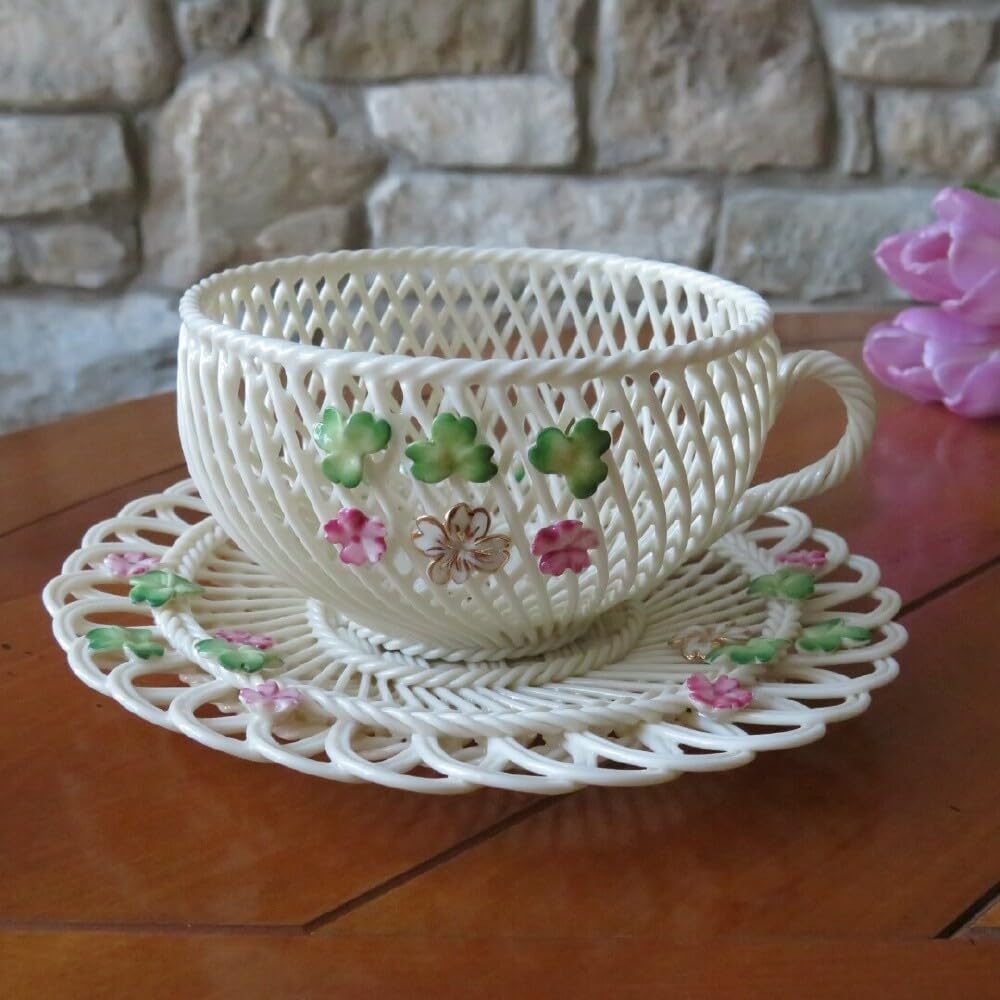 Belleek Spring Shamrock Cup and Saucer Set - Irish Porcelain Tea Cup with Clover Design - Perfect for St. Patrick's Day, Afternoon Tea, and Irish-Themed Gift Giving