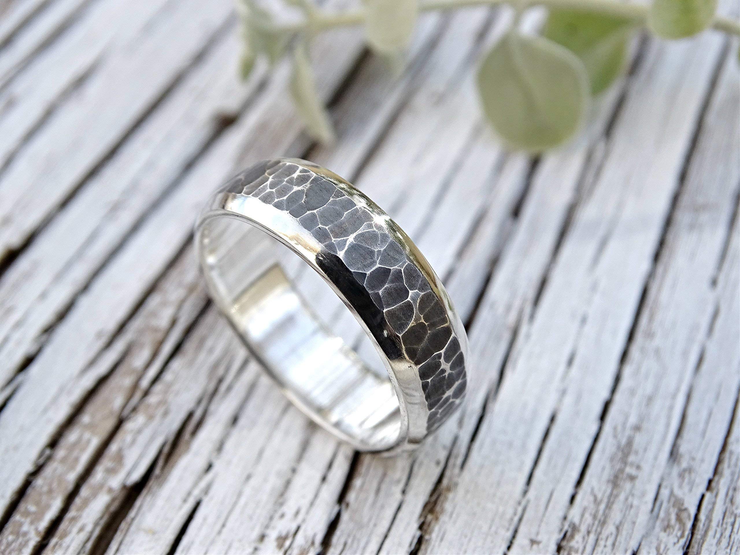 Personalized Men's Wedding Band - Handmade Hammered Silver Ring with Oxidized Finish - Unique Cool Men's Jewelry for Wedding, Anniversary & Special Occasions
