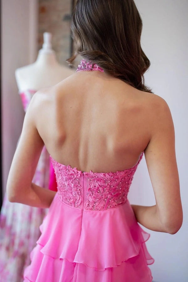 Elegant A-Line Halter Neck Floral Tiered Long Prom Dress in Hot Pink - TP1330 | Perfect for Homecoming, Prom Night, and Formal Events