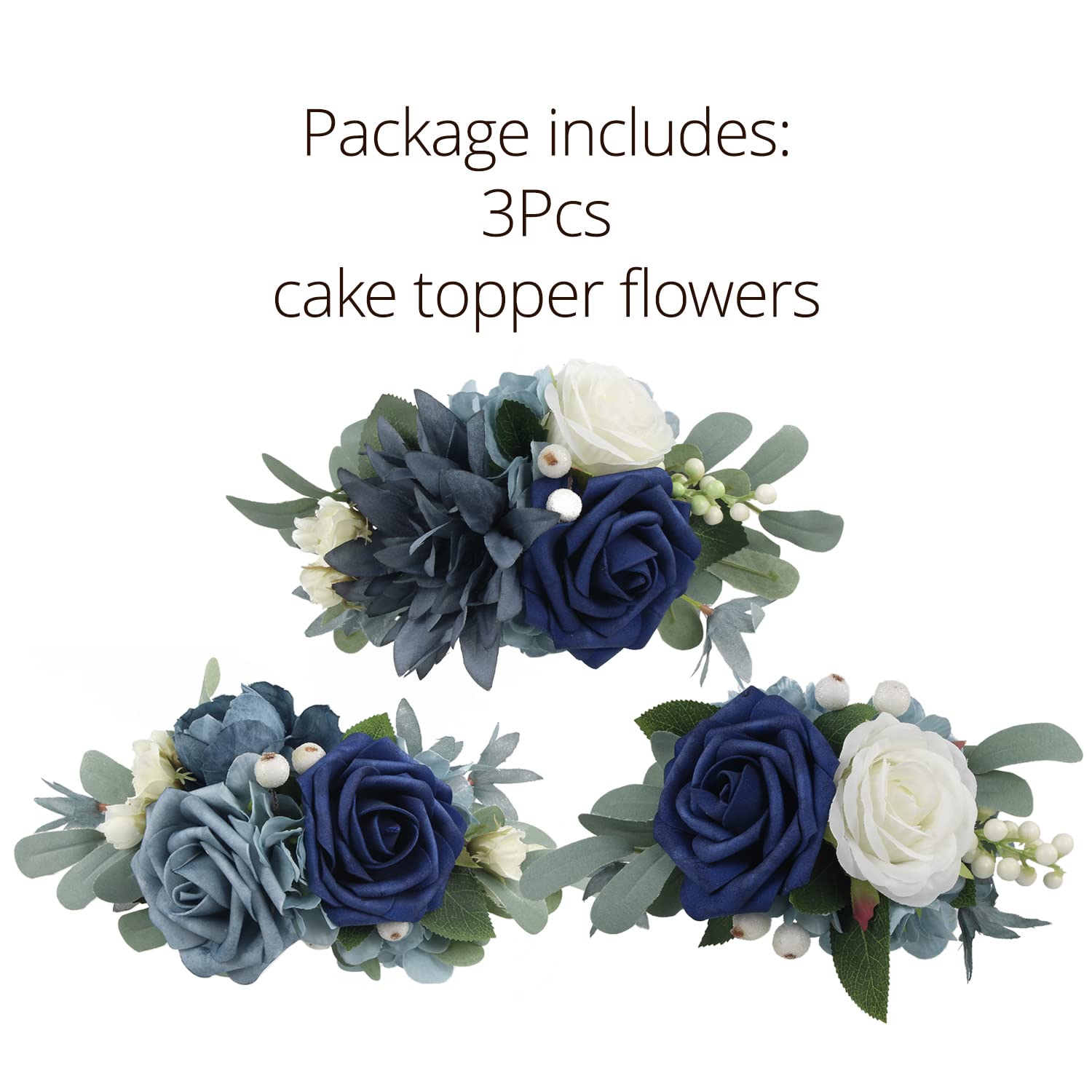 Rinlong 3Pcs Navy Blue Pre-made Cake Toppers - Edible Flower Cake Decorations for Wedding, Birthday, Baptism Party & Special Occasions | Perfect for DIY Cake Decorating & Dessert Presentation