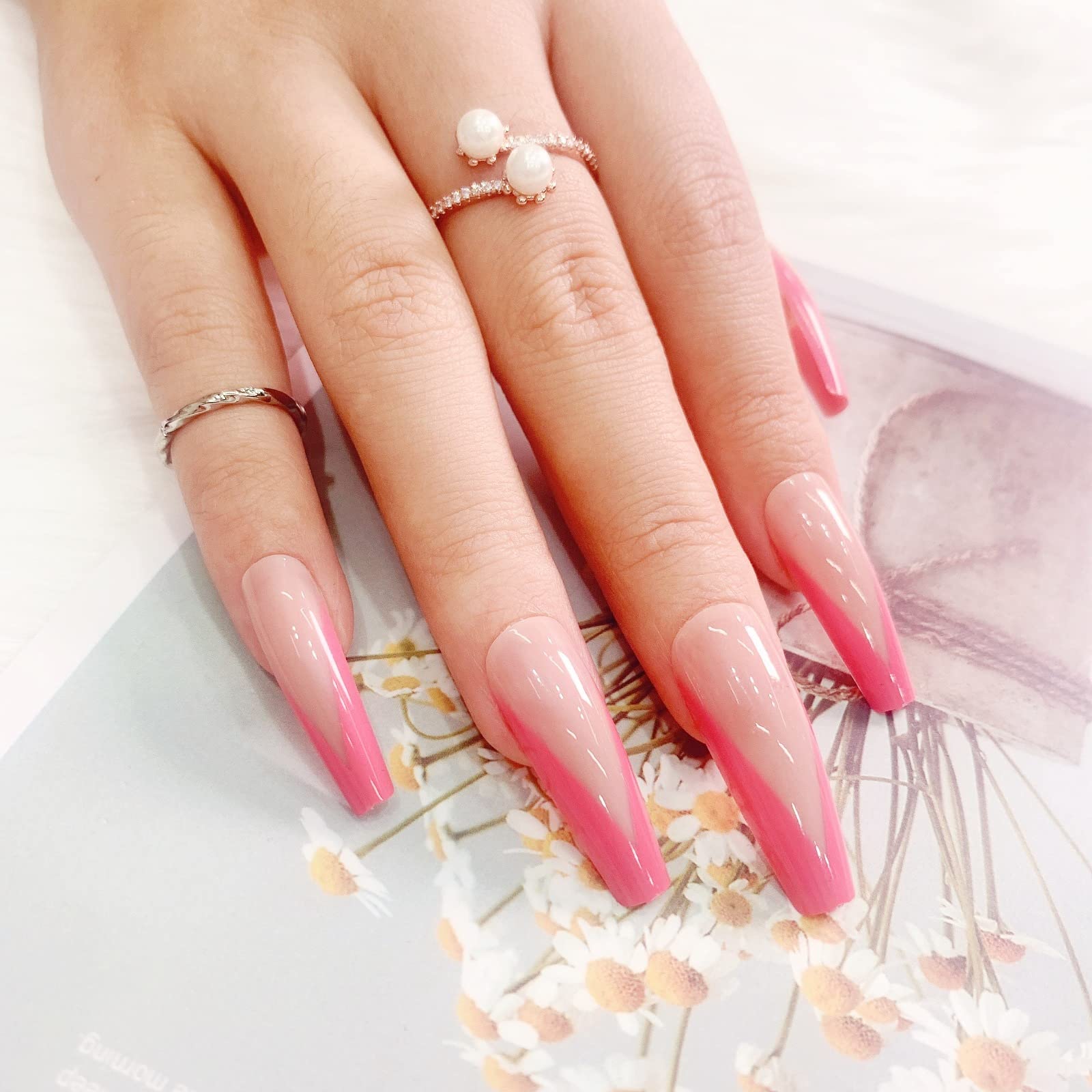 24Pcs Full Cover French Press on Nails - Coffin Shape Acrylic Fake Nails for Women, Reusable False Nails with Pink French Tip Design | Perfect for Parties, Weddings, Date Nights & Special Occasions