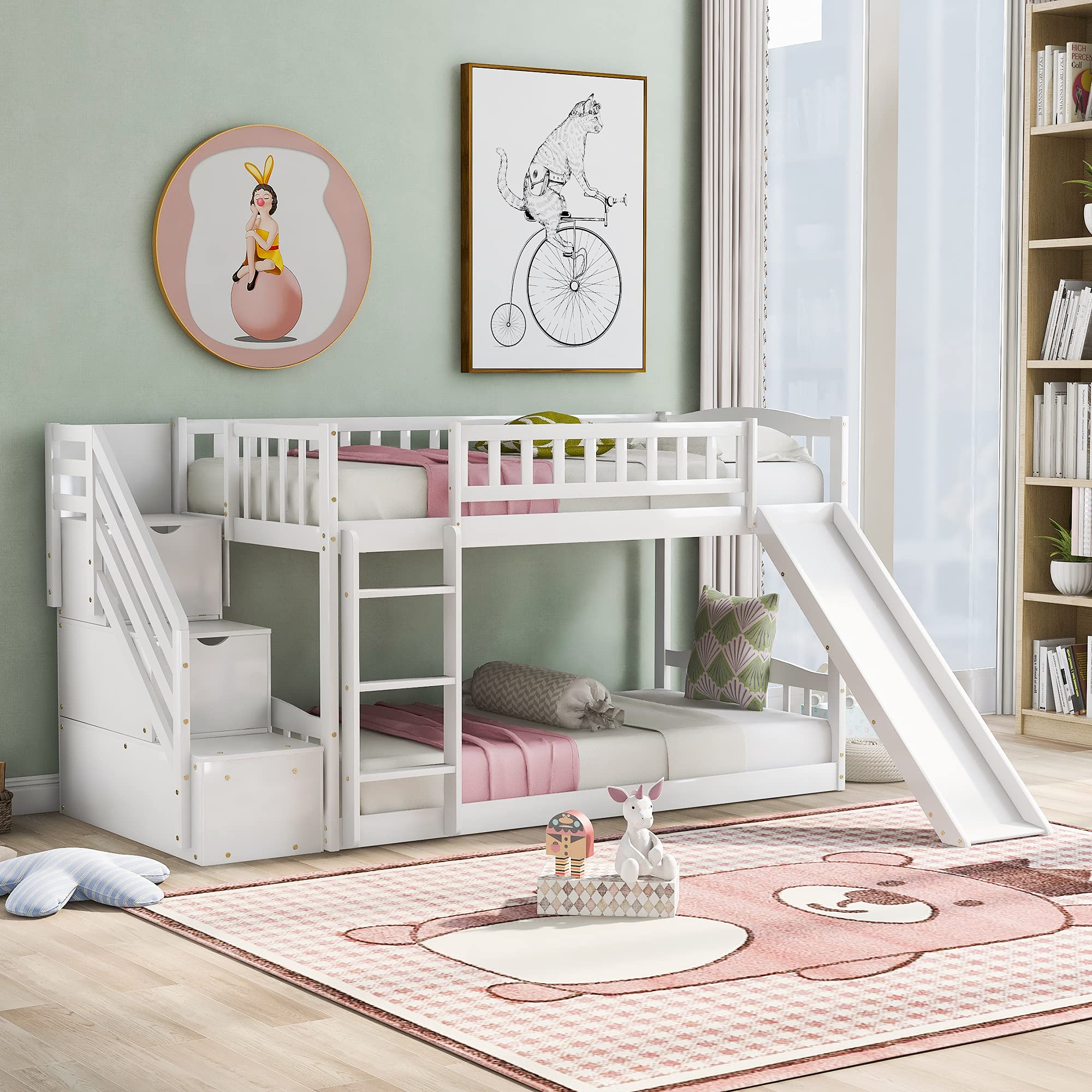 Rhomtree Twin Over Twin Bunk Bed Frame with Convertible Slide & Ladder - No Box Spring Needed - Full-Length Safety Guardrails - 2 Storage Drawers - Perfect for Kids' Bedroom, Playroom or Small Space (White)