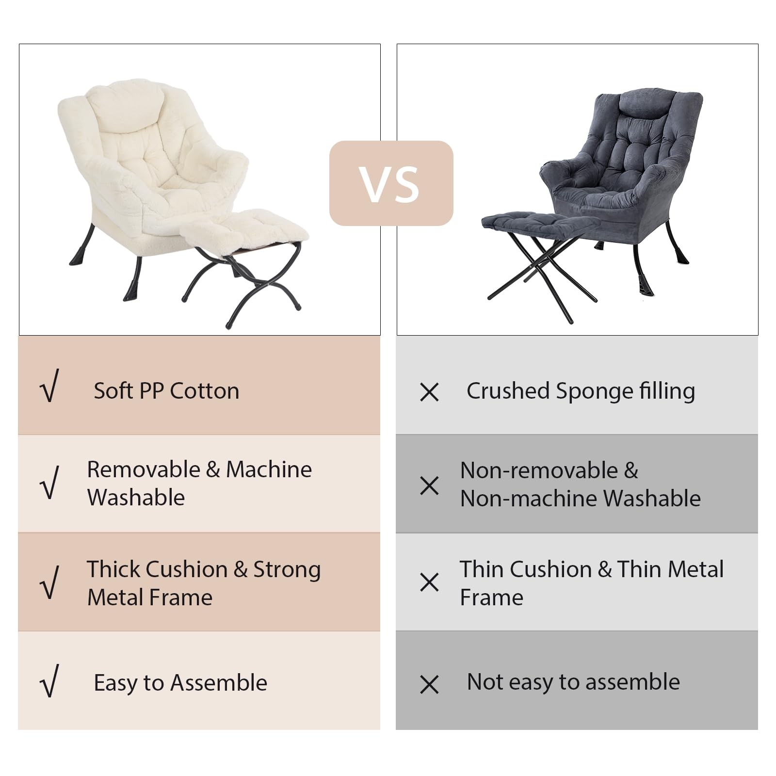 Modern Lazy Chair with Ottoman - Plush Beige Lounge Accent Chair with Folding Footrest for Living Room, Bedroom & Study | Comfortable Reading Chair for Relaxing, Napping & Lounging at Home
