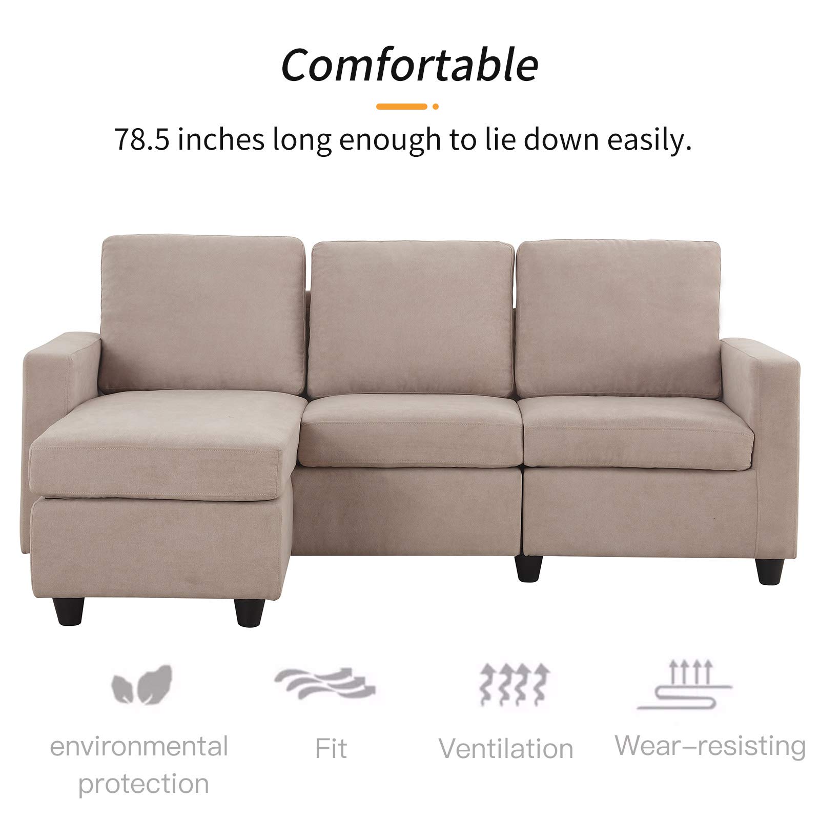 HONBAY L-Shaped Sectional Sofa with Linen Fabric - Convertible & Reversible Couch for Small Spaces in Dark Beige | Perfect for Apartments, Living Rooms & Home Offices