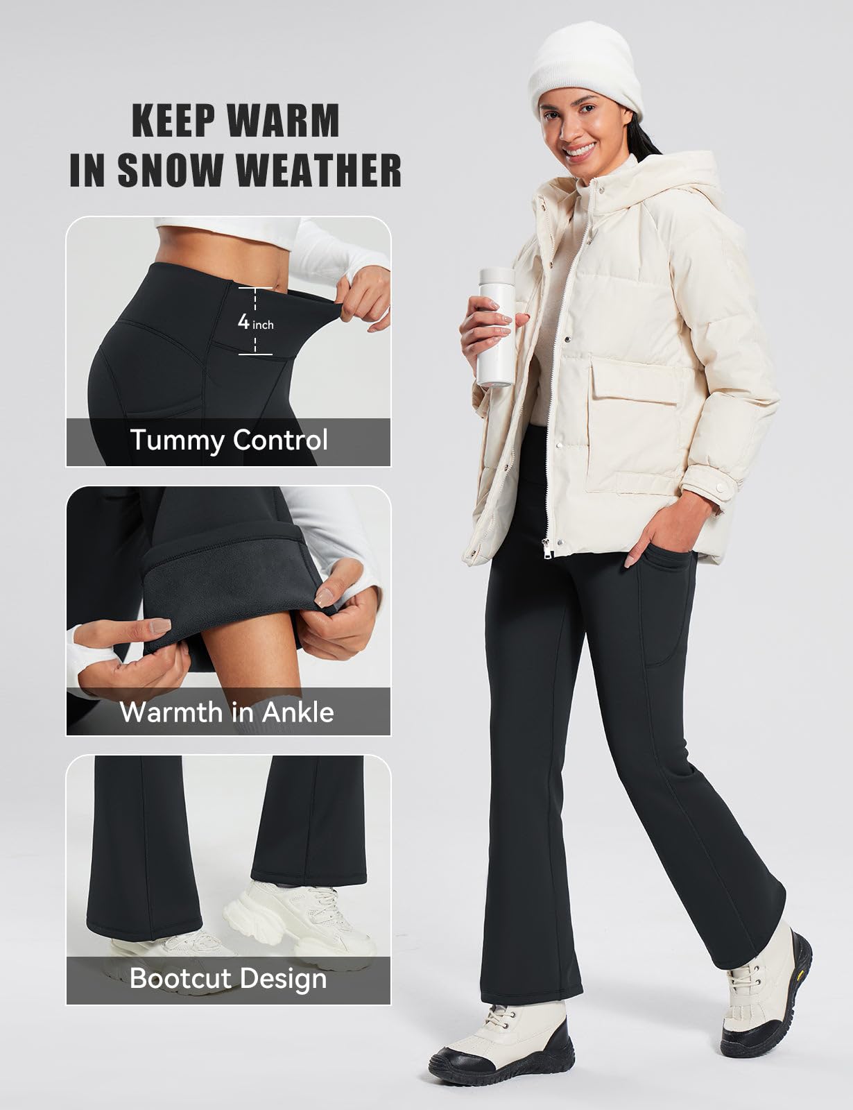 Baleaf Women's Fleece Lined Leggings - Winter Warm Thermal Yoga Pants with Tummy Control, Side Pockets & Bootcut Design for Skiing, Snowboarding & Cold Weather Activities