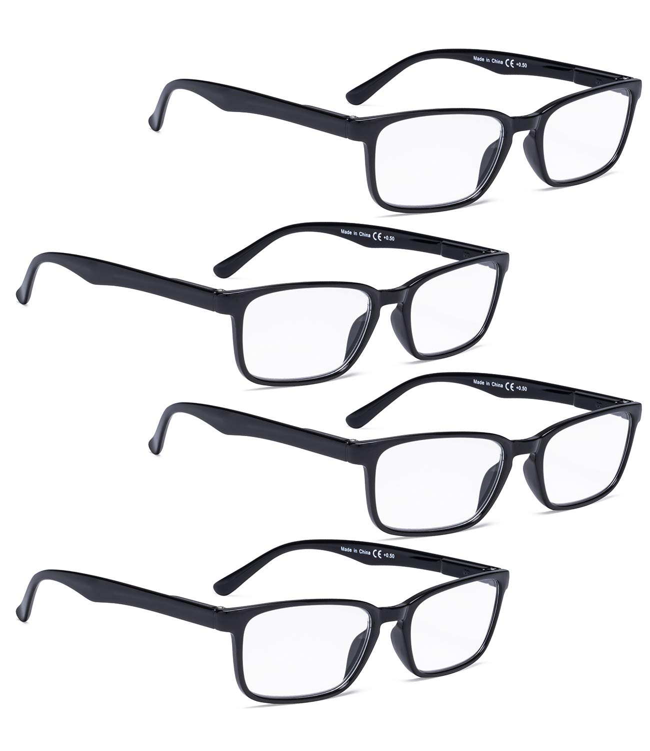 4 Pack Reading Glasses for Men & Women - Rectangular Frame Readers for Reading, Computer Use & Office Work