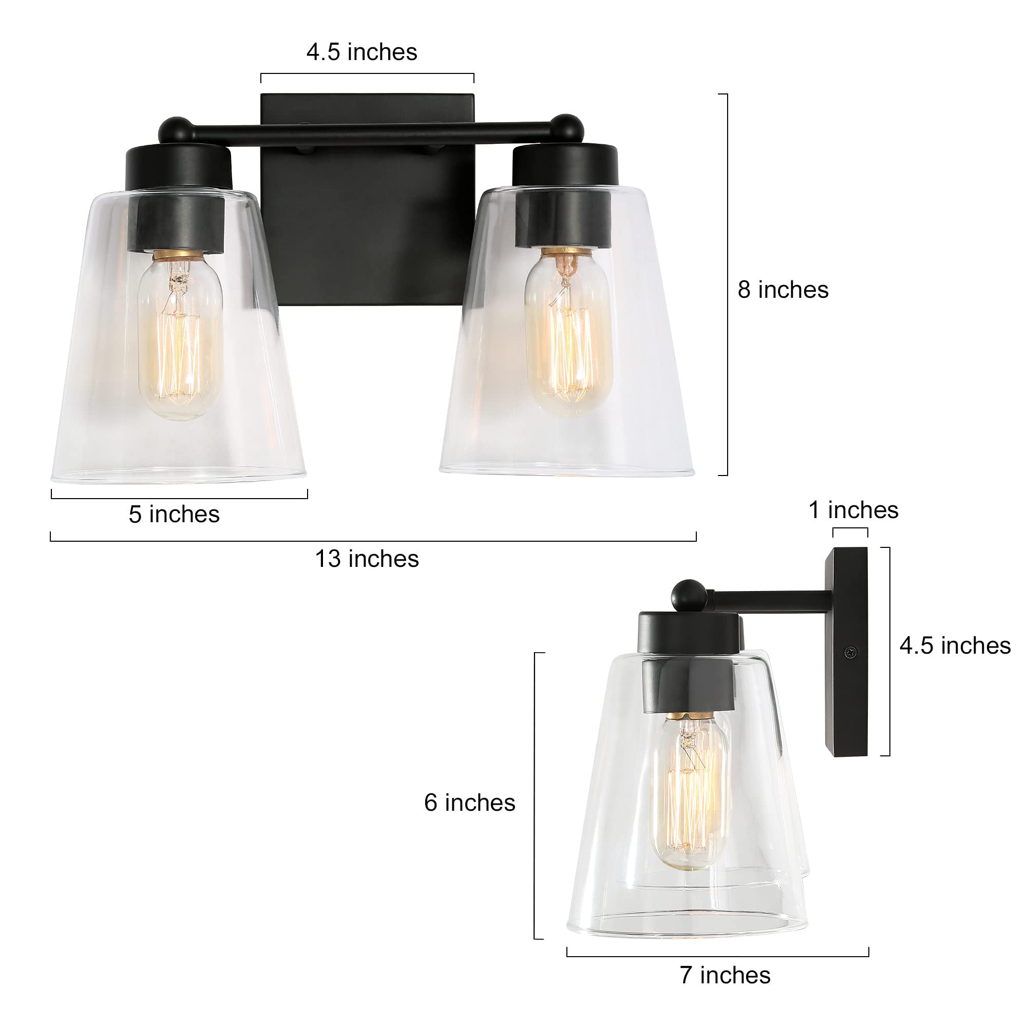 Black Farmhouse Bathroom Vanity Light Fixture - 2-Light Rustic Sconce with Clear Glass Shade (13