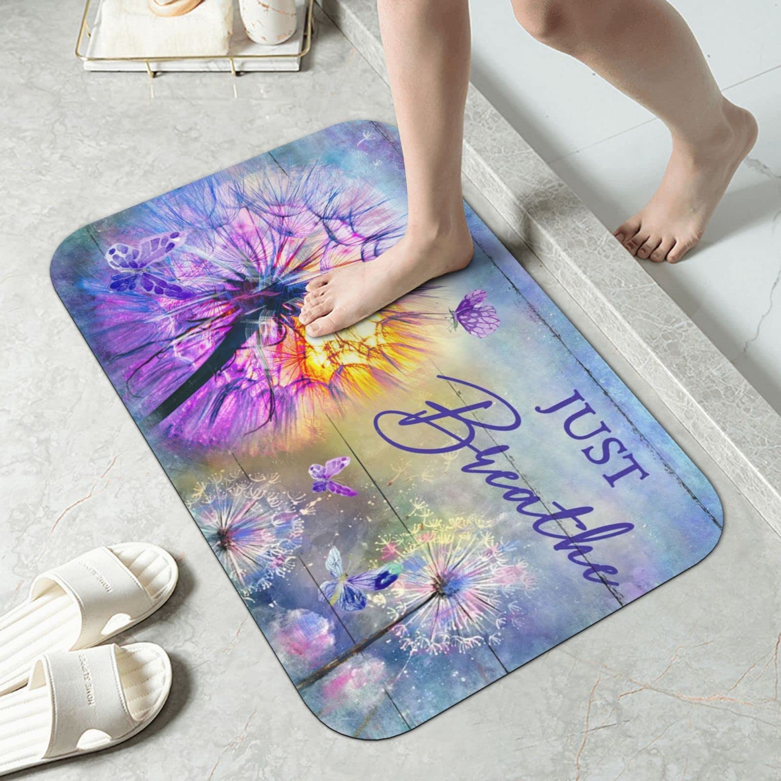 Non-Slip Diatomaceous Earth Bath Mat - Quick Drying Soft Diatomite Absorbent Floor Mat with Colorful Dandelion Butterfly Design for Bathroom, Shower & Kitchen | Home Decor & Safety Essential