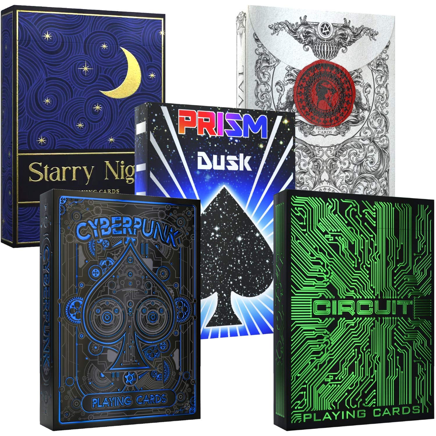 Premium 5-Deck Poker Cards Bundle: Circuit Green, Cyberpunk Blue, Prism Dusk, Medieval Black & Starry Night - High-Quality Playing Cards for Poker Nights, Magic Tricks, Cardistry and Collectors - Save 20% on Bundle Purchase