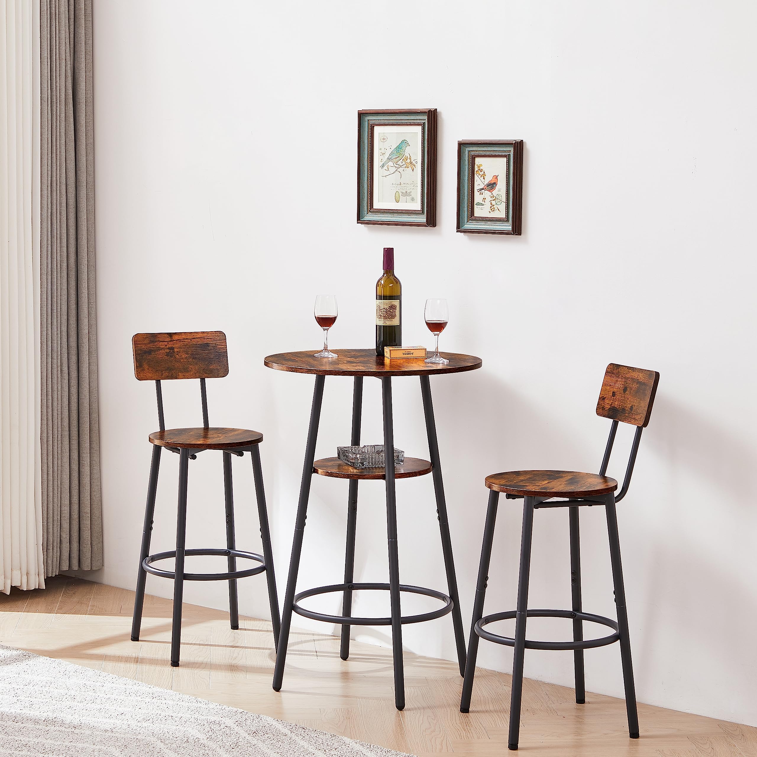 Tiophome 3-Piece Pub Set - Round Bistro High Top Bar Table with 2 Backrest Stools, Counter Height Dining Set with Storage Shelves, Space-Saving Rustic Brown Breakfast Nook Furniture for Small Kitchens, Patios & Apartments