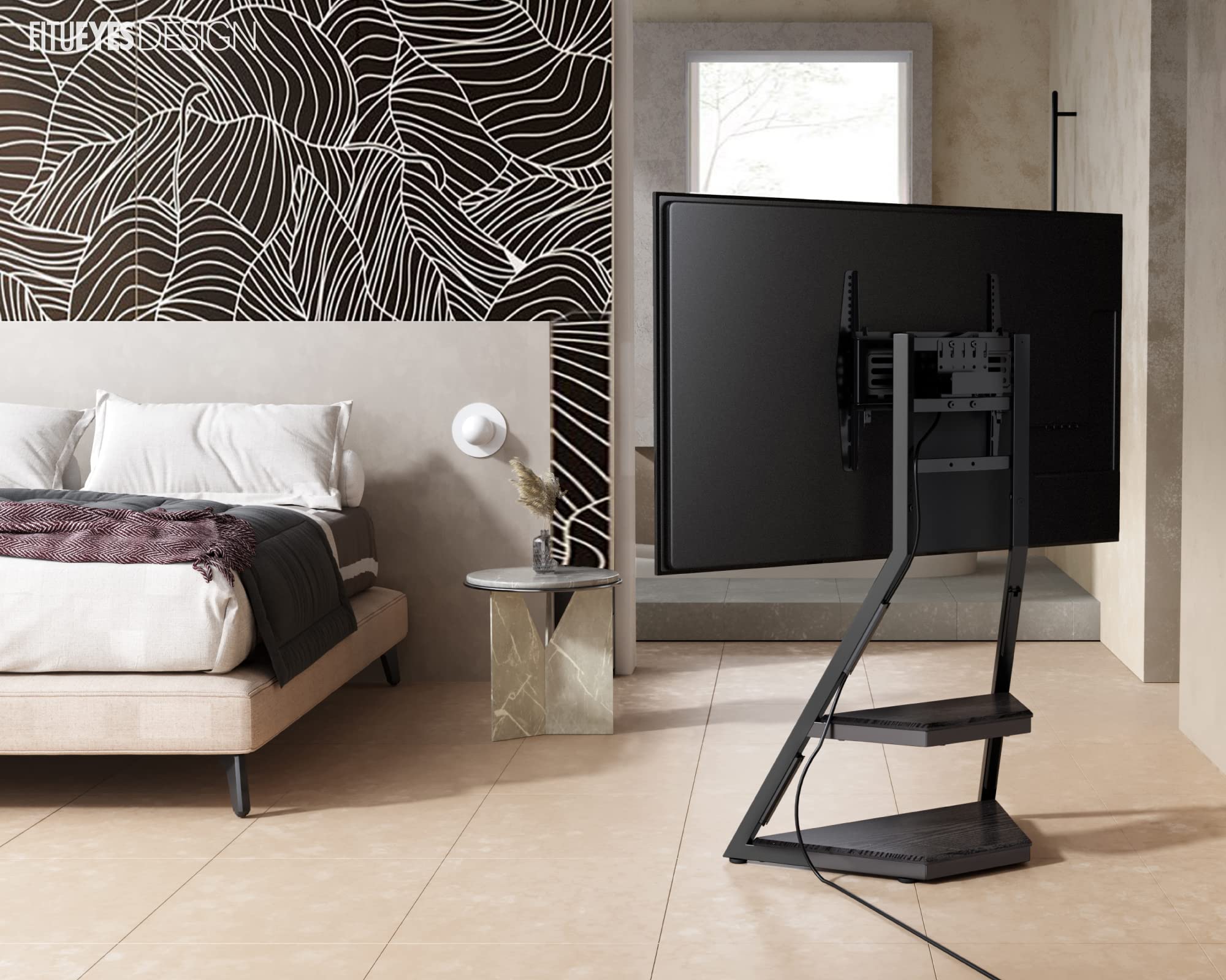 FITUEYES Adjustable Corner TV Stand with Wheels - 2 Shelves for 32-65 Inch TVs, Height Adjustable (946-1076mm), 40KG Capacity, ±15° Swivel - Perfect for Living Room, Bedroom & Office Use