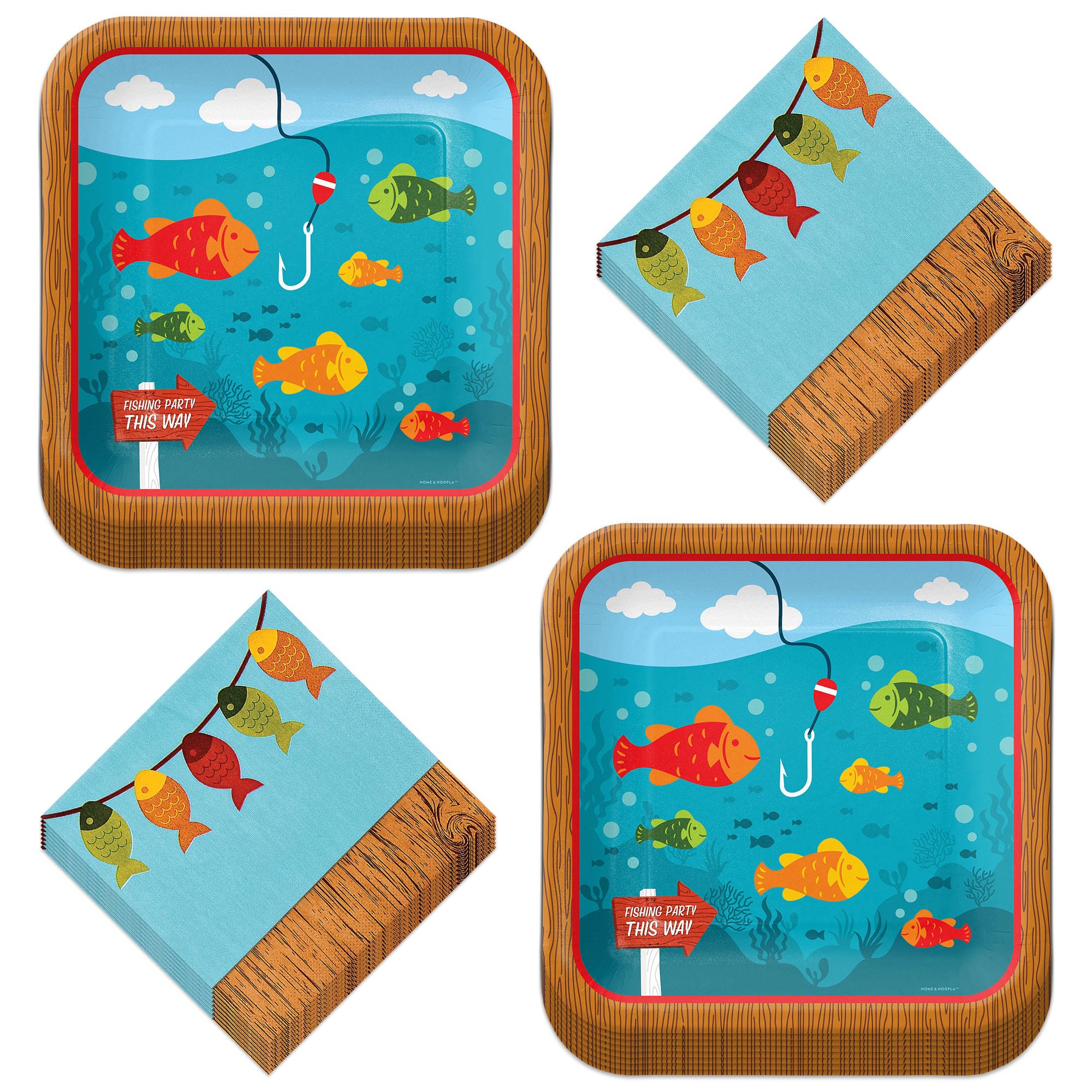 Fishing and Camping Party Supplies - 16 Pack Square Paper Plates & Napkins Set for Outdoor Themed Birthday, BBQ, Picnic Events - Gone Fishing Decorations