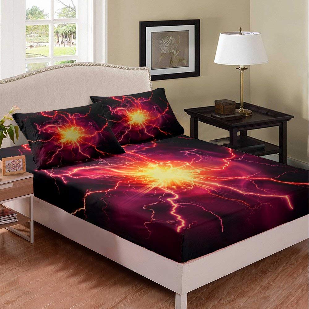 Vibrant Psychedelic Lightning Print Full Bed Sheet Set - Colorful 3-Piece Bedding for Kids & Children's Room Decor - Soft & Comfortable Bed Covers for Cozy Sleep & Fun Bedroom Themes