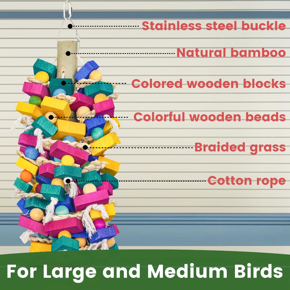**Colorful Large Parrot Chewing Toys for Macaws, Cockatoos & African Greys - Natural Wooden Bird Cage Toy for Medium to Large Birds - Perfect for Playtime & Mental Stimulation**