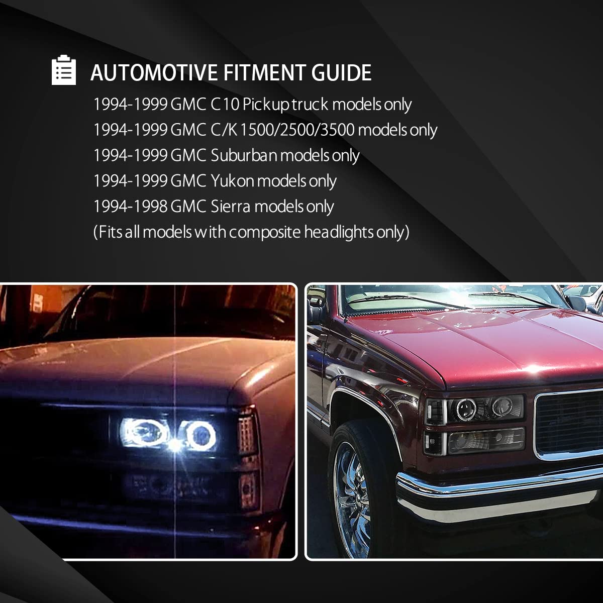 AUTOZENSATION LED Halo Black Projector Headlights & Bumper Lights Compatible with 1994-1998 GMC C/K C10, Sierra, Yukon, Suburban - Left & Right Pair Headlamp Assembly - Upgrade for Off-Road & Night Driving