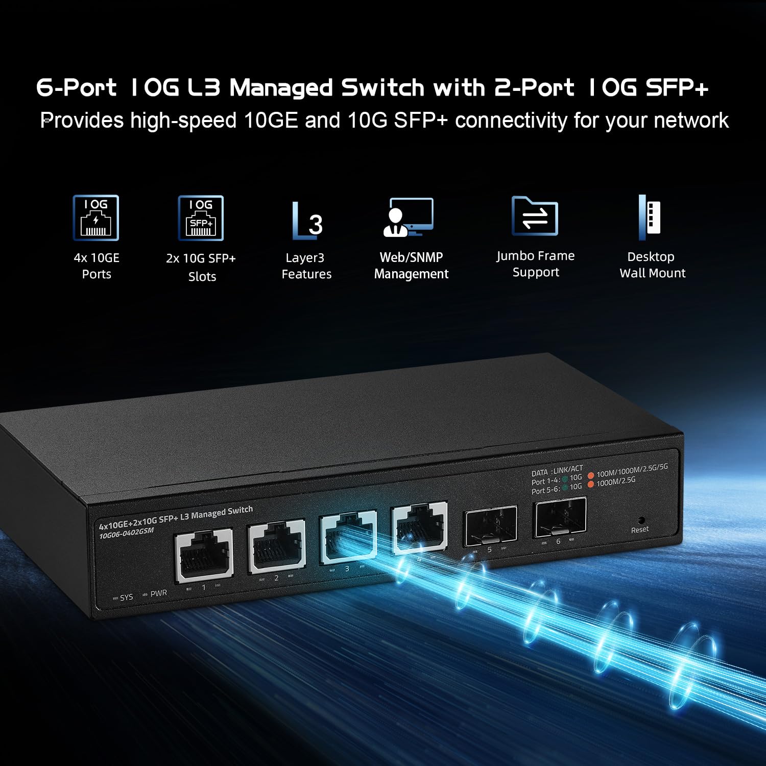 Binardat 6-Port 10G Managed Network Switch - 4x10G RJ45 + 2x10G SFP+ Ports - 1G/2.5G/5G/10G Multi-Gigabit Support - 120Gbps Bandwidth - L3 Web Managed Metal Switch for Small Business & Home Office Networking