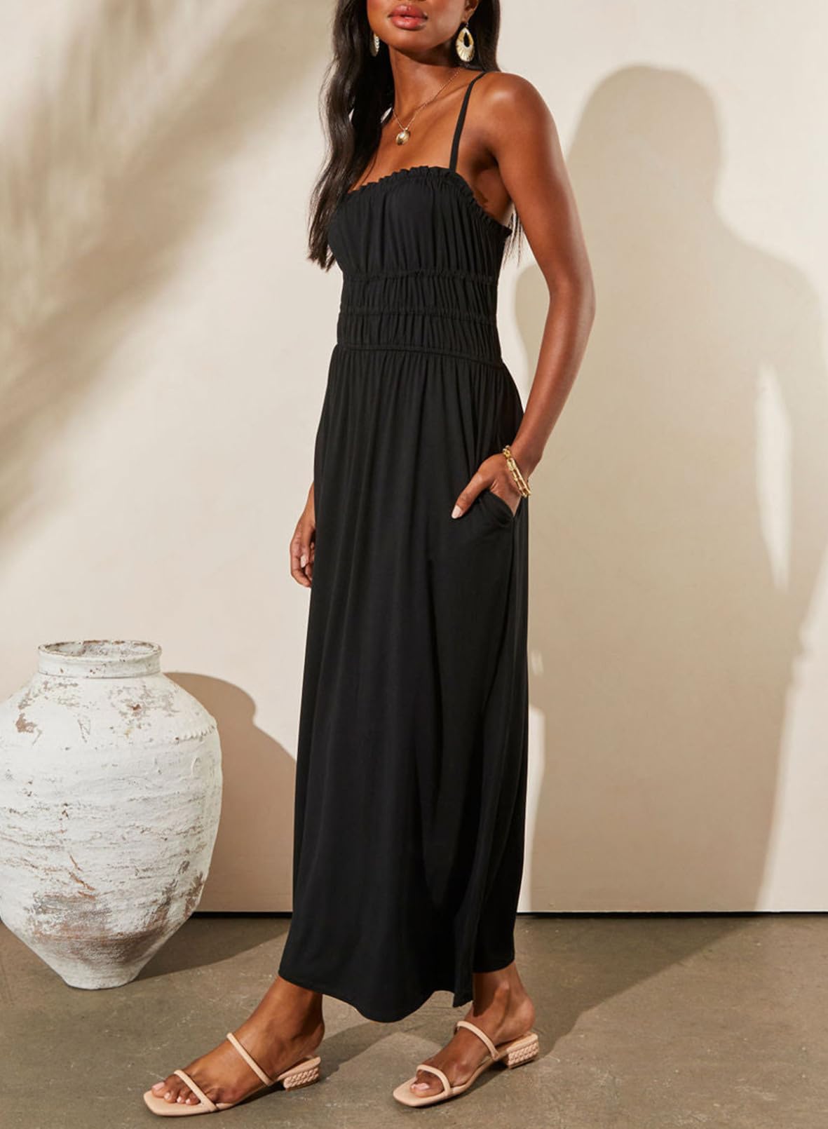 Dokotoo Women's Summer Casual Sleeveless Midi Dress with Pockets - Flowy Pleated Tiered Maxi Dress for Beach, Vacation & Everyday Wear
